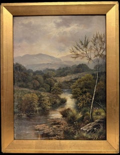 Scottish Highland River Landscape Antique Oil Painting Mountain View