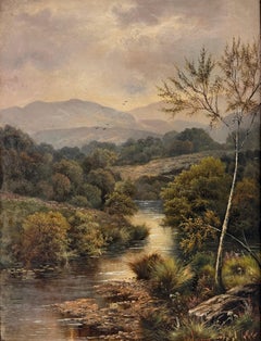 Scottish Highland River Landscape Antique Oil Painting Mountain View