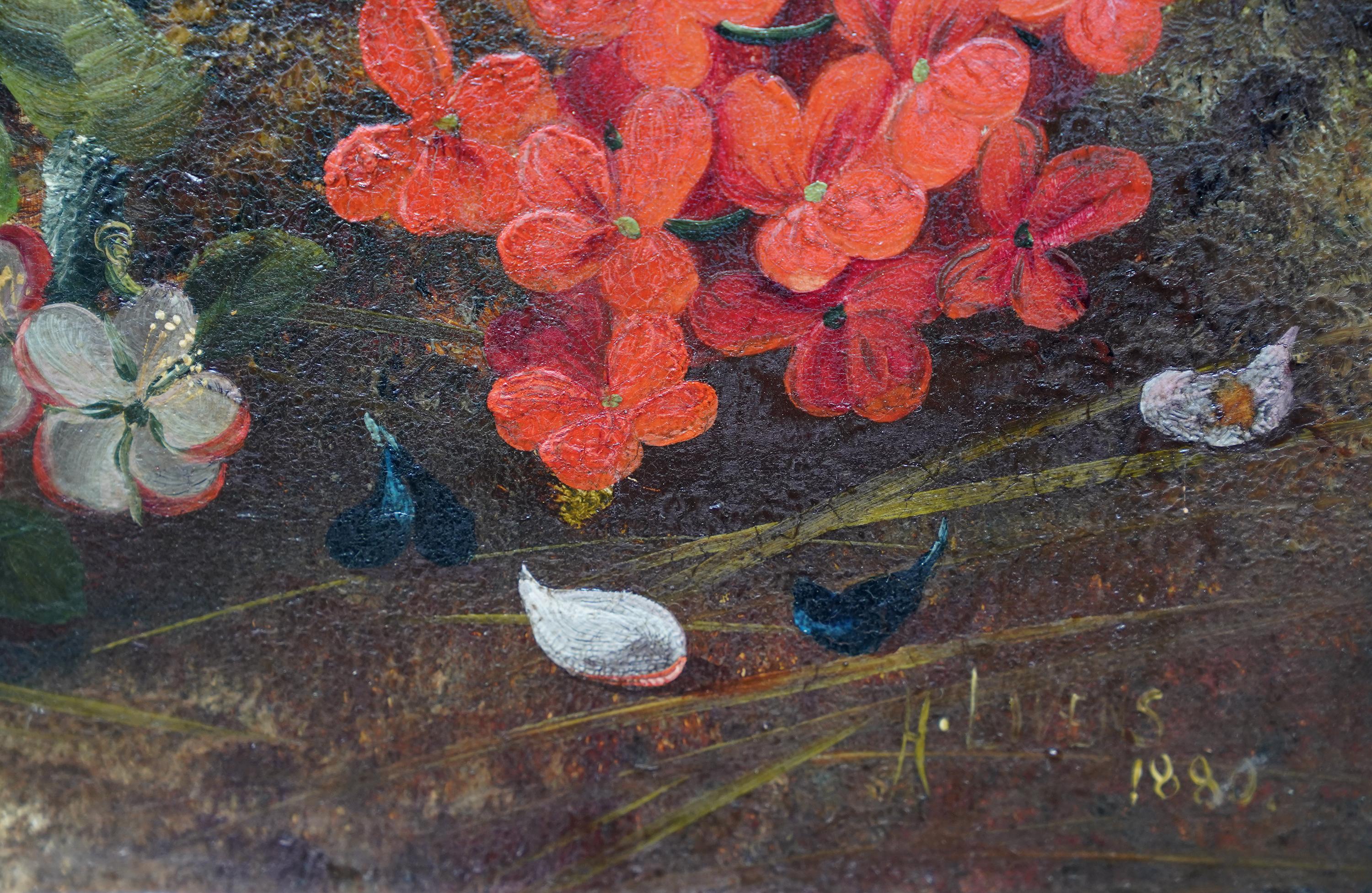 Nature morte avec fleurs et nid d'oiseau - Peinture à l'huile florale britannique de 1880 en vente 6