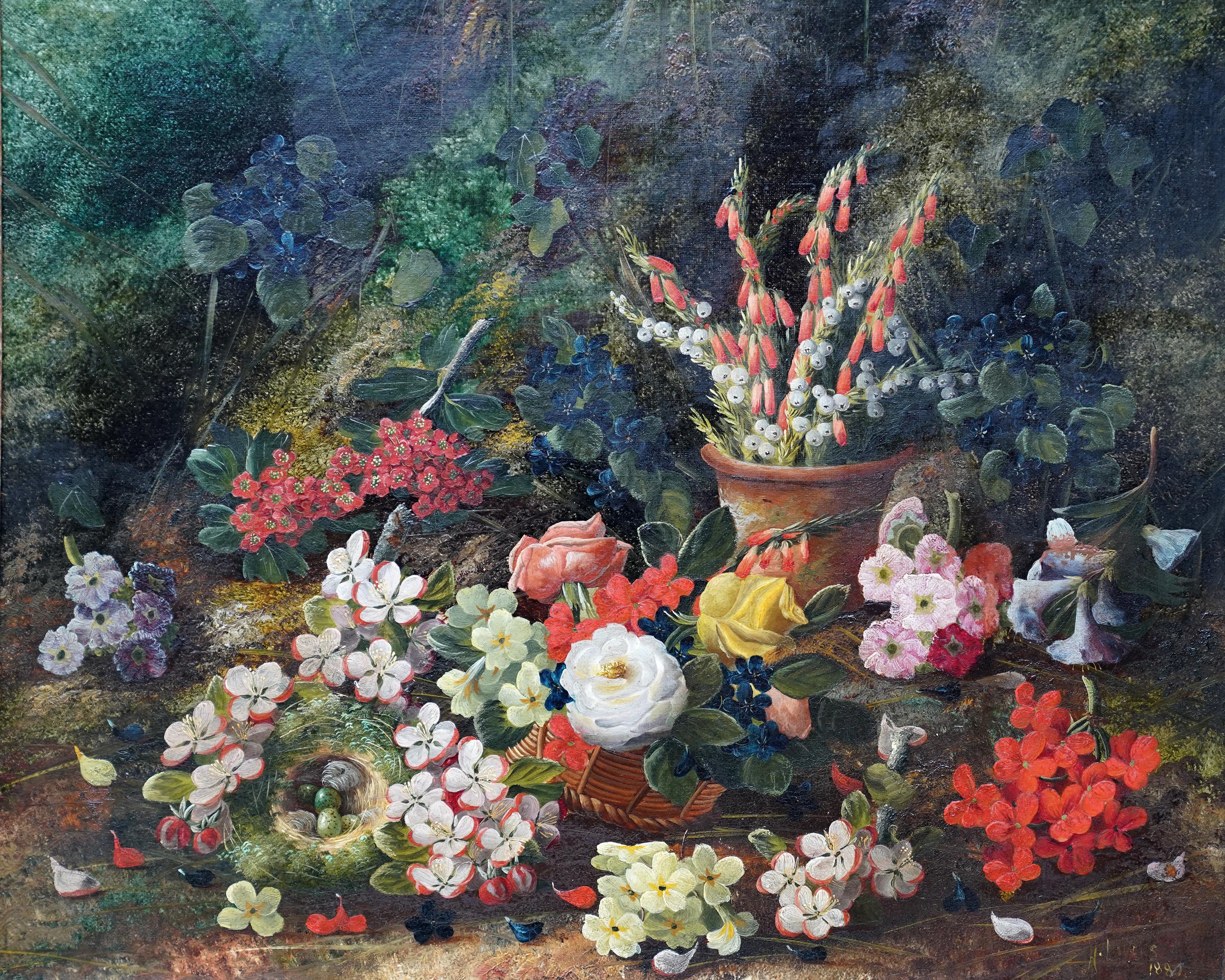 Nature morte avec fleurs et nid d'oiseau - Peinture à l'huile florale britannique de 1880 en vente 8