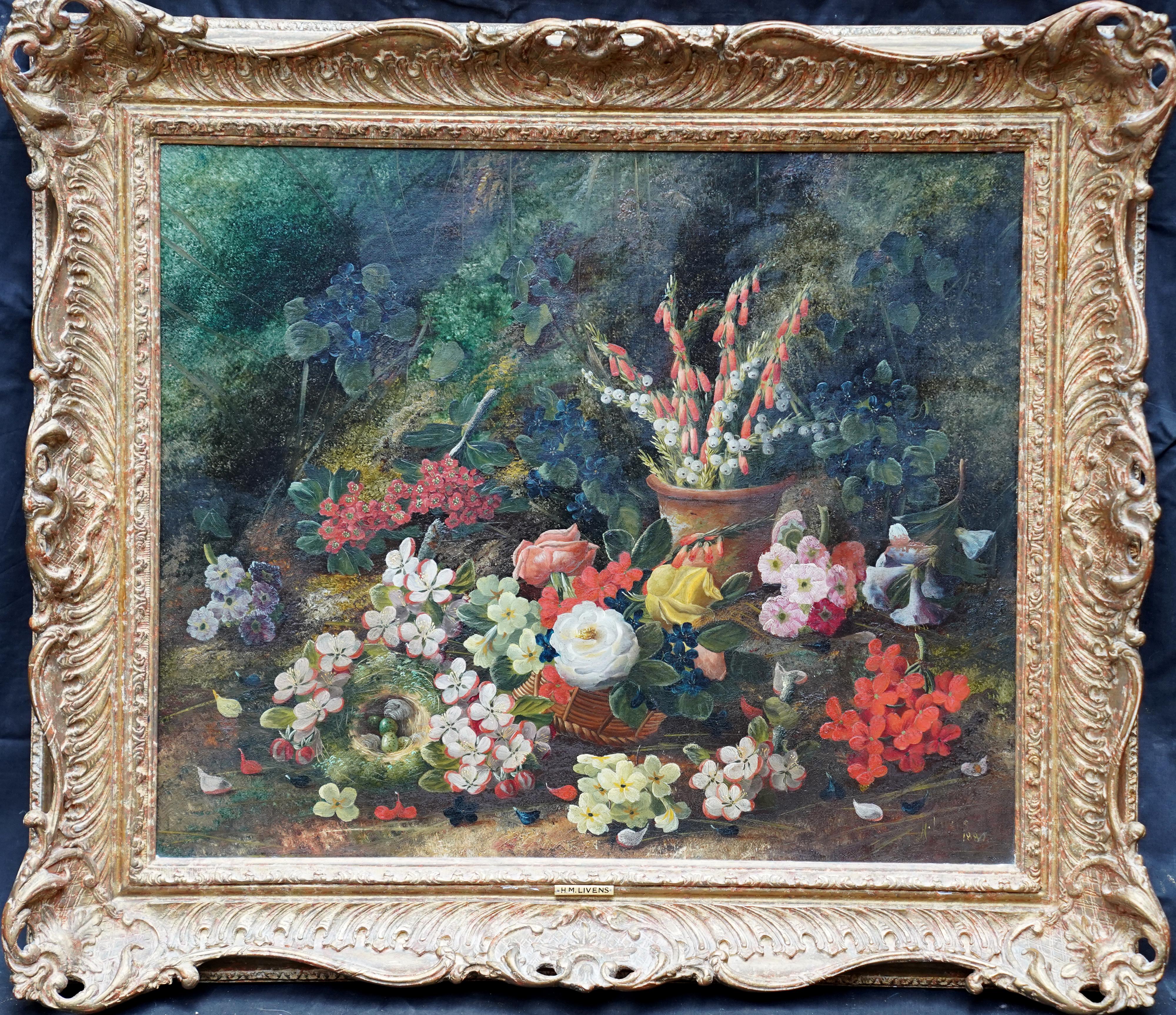 Nature morte avec fleurs et nid d'oiseau - Peinture à l'huile florale britannique de 1880 en vente 9