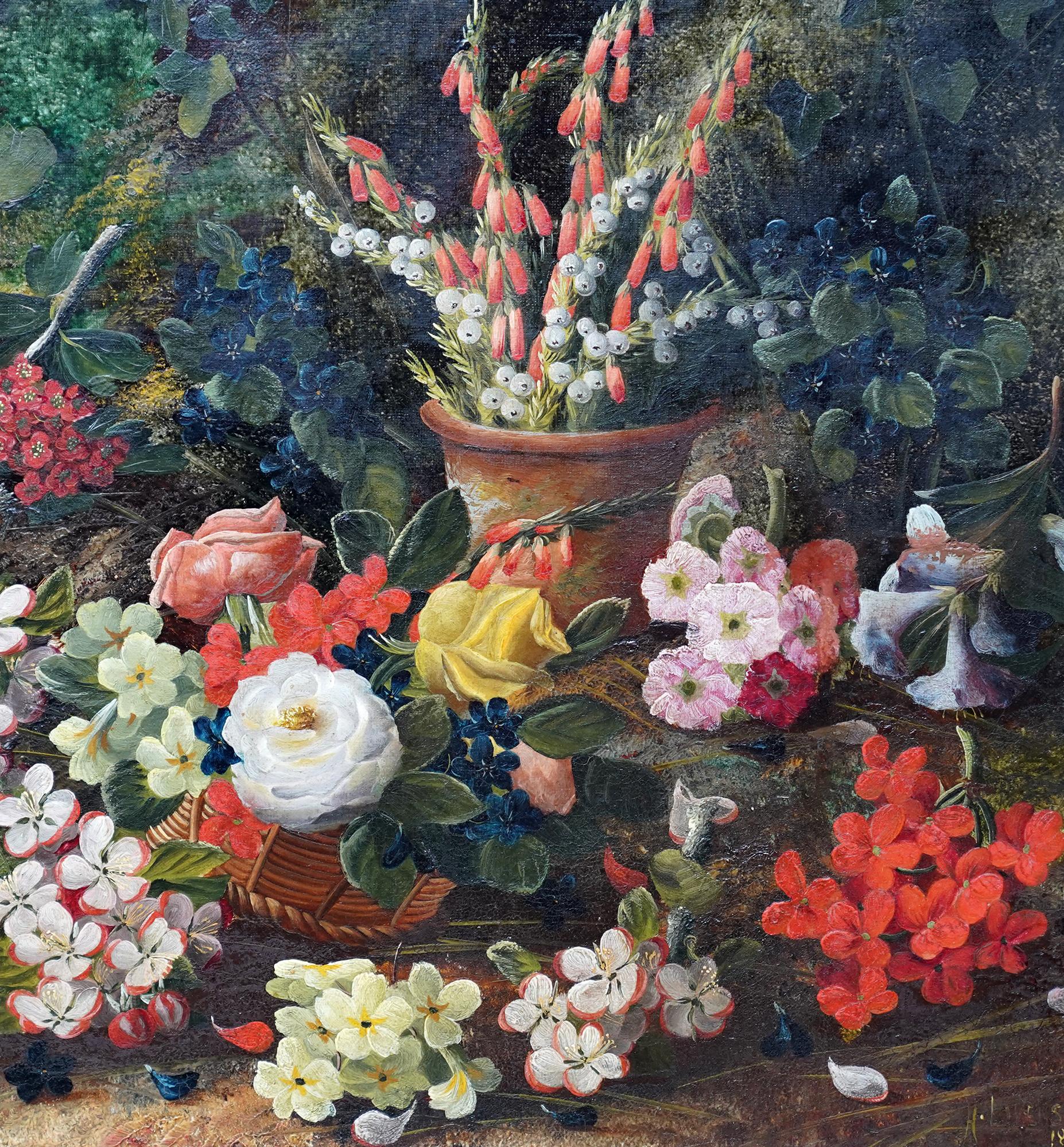 Still Life with Flowers and Bird's Nest - British art 1880 floral oil painting - Victorian Painting by Henry John Livens