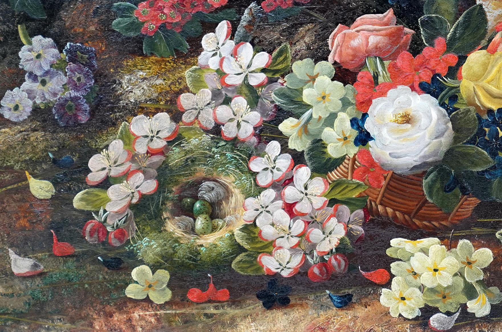 Cette étonnante nature morte florale victorienne britannique est l'œuvre de l'artiste Henry John Livens, né au XIXe siècle. Peinte en 1880, cette composition florale colorée a pour cadre le sol et les berges d'une forêt, avec des violettes sauvages