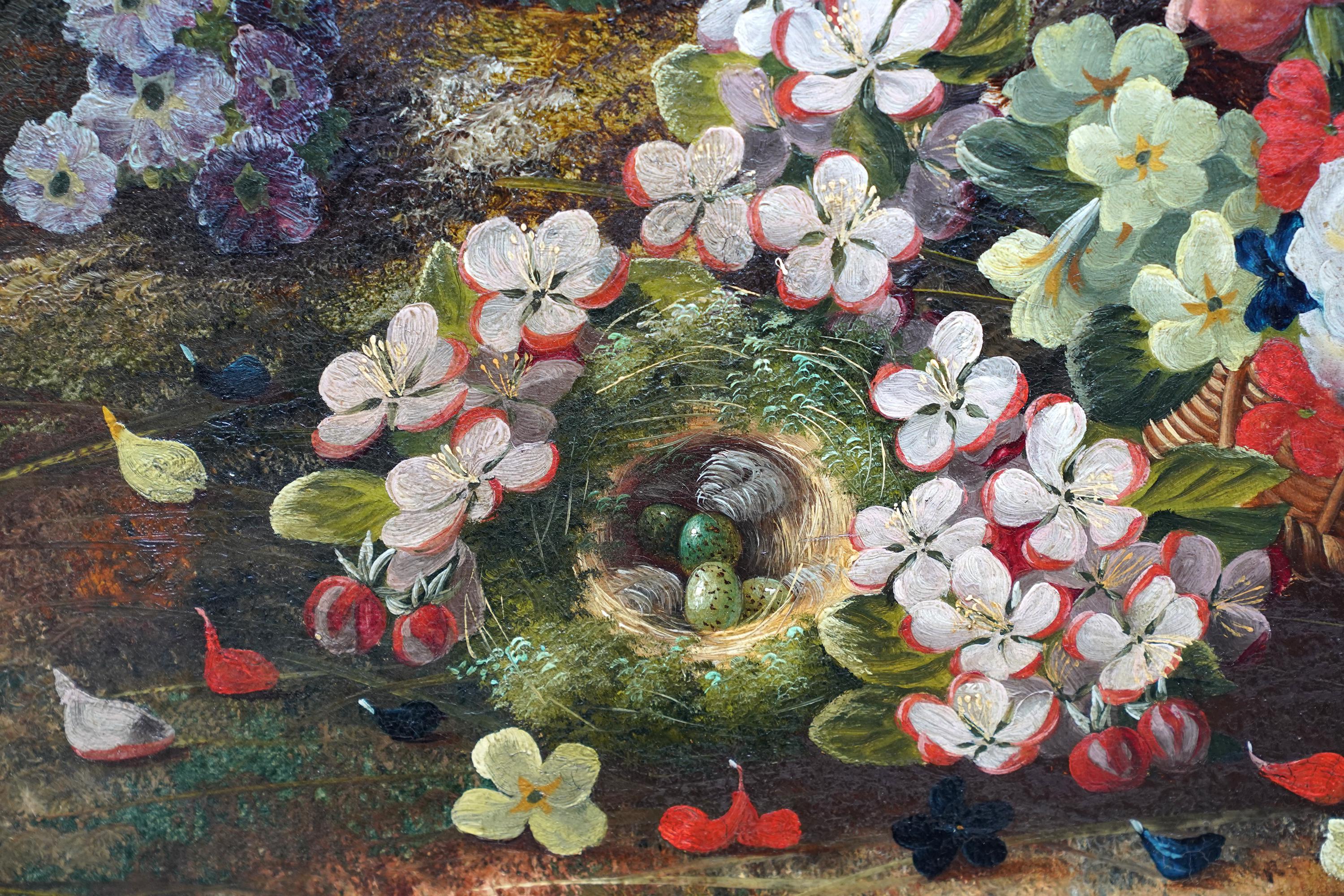 Nature morte avec fleurs et nid d'oiseau - Peinture à l'huile florale britannique de 1880 en vente 1