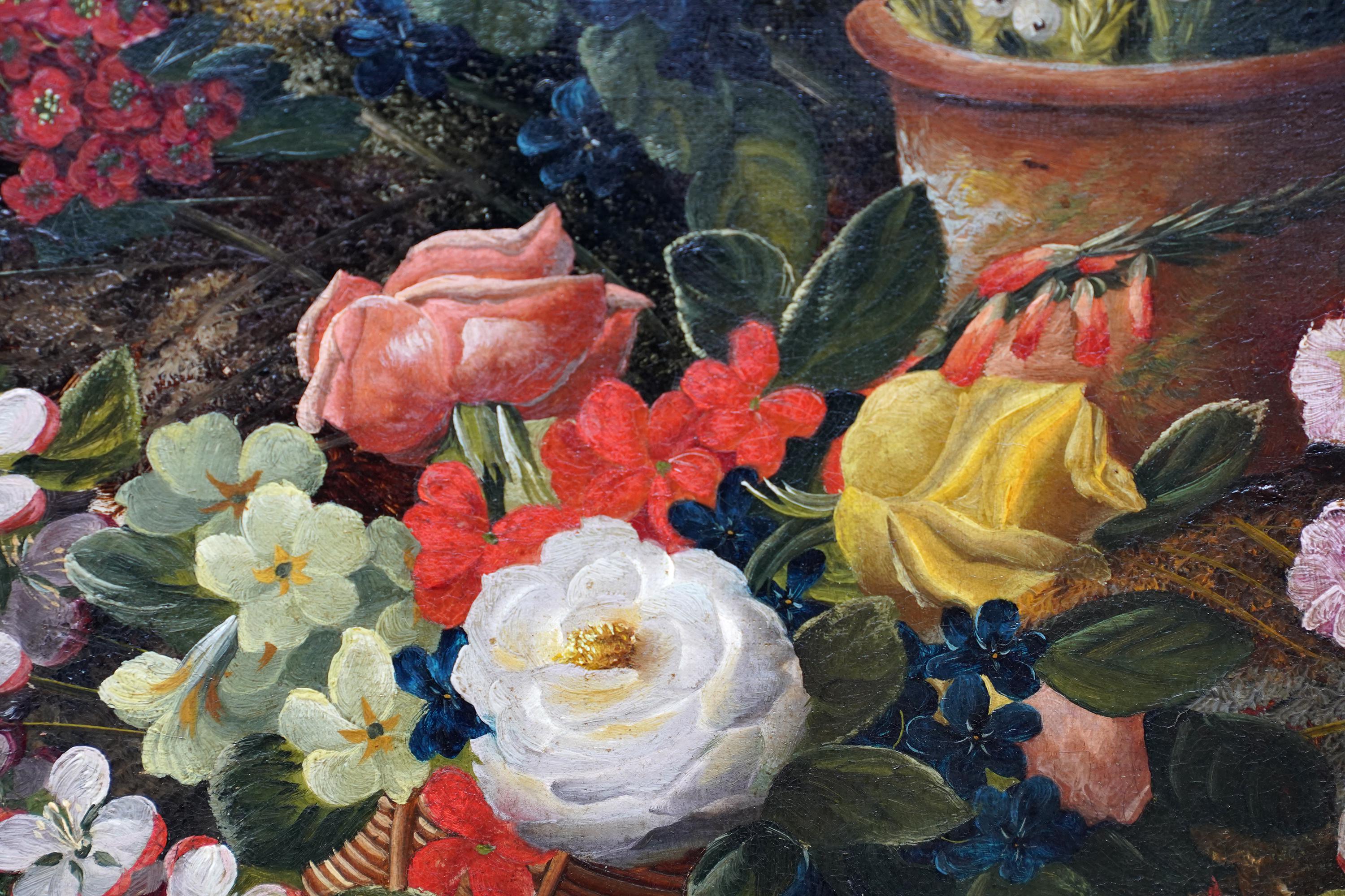 Nature morte avec fleurs et nid d'oiseau - Peinture à l'huile florale britannique de 1880 en vente 2