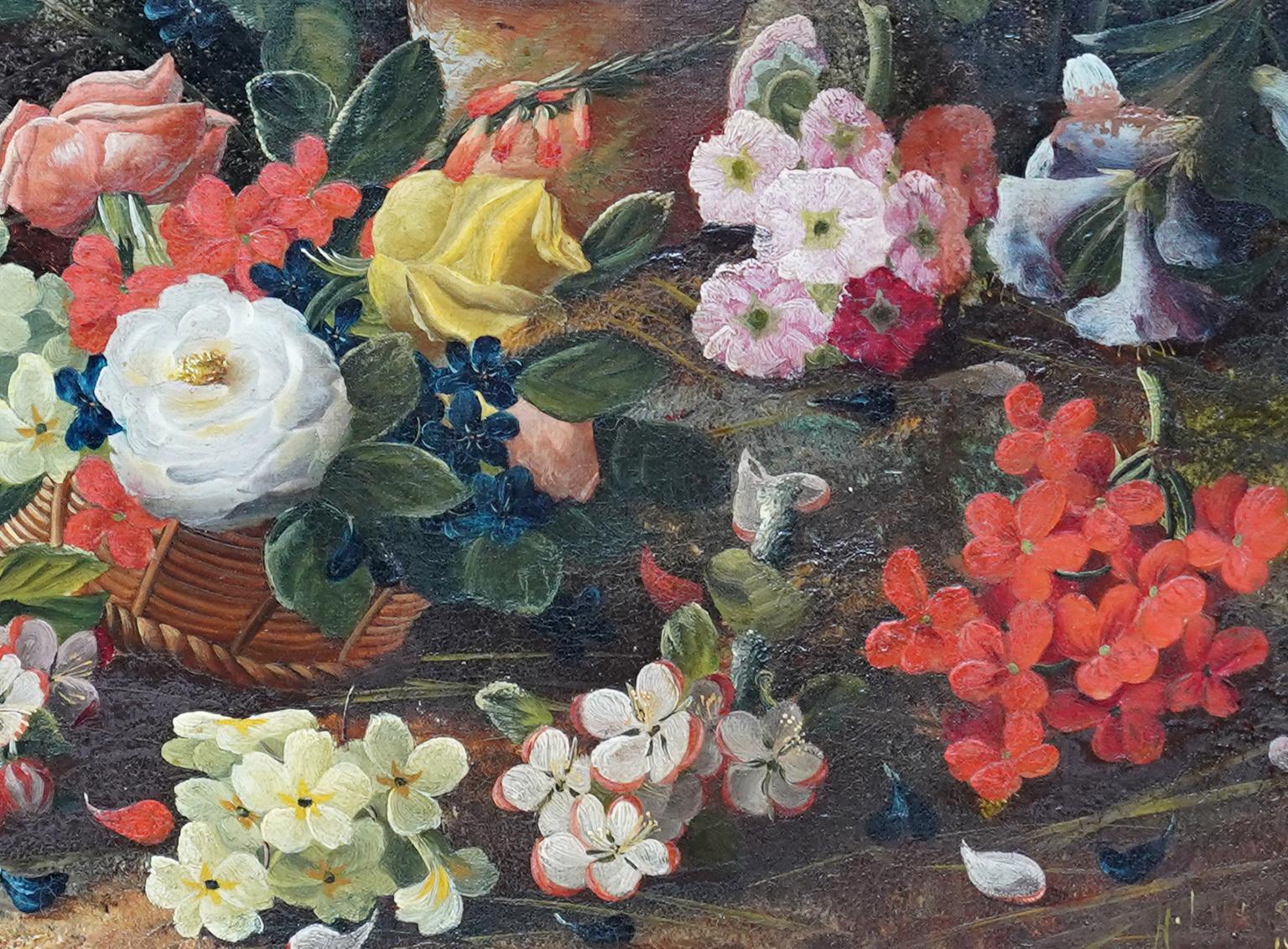 Nature morte avec fleurs et nid d'oiseau - Peinture à l'huile florale britannique de 1880 en vente 4