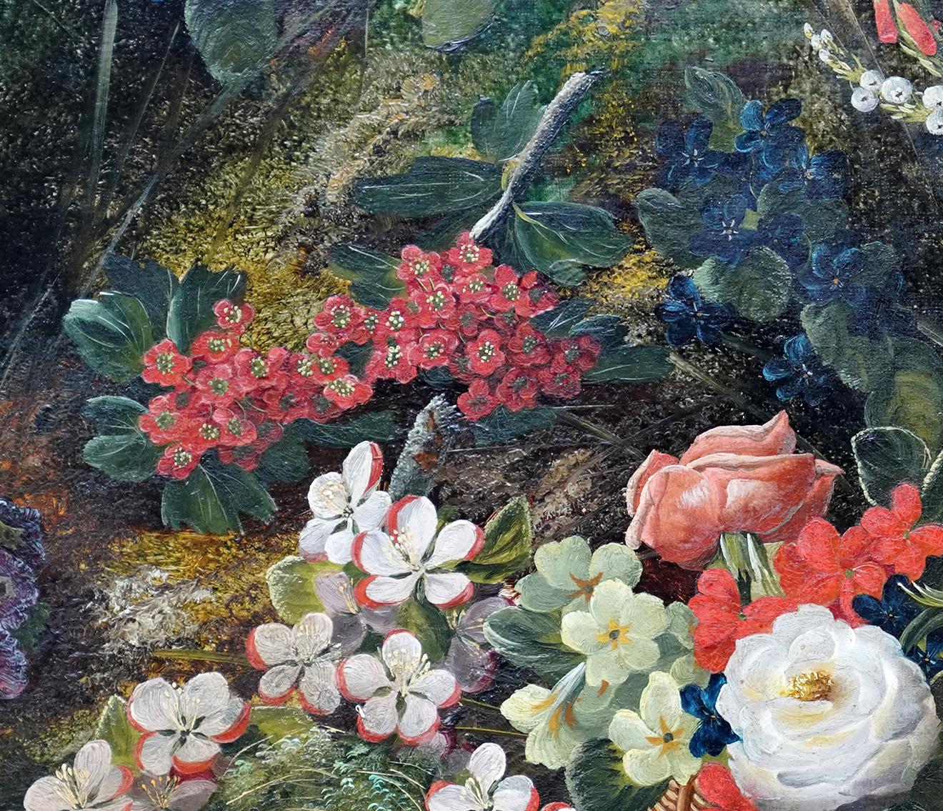 Still Life with Flowers and Bird's Nest - British art 1880 floral oil painting For Sale 5
