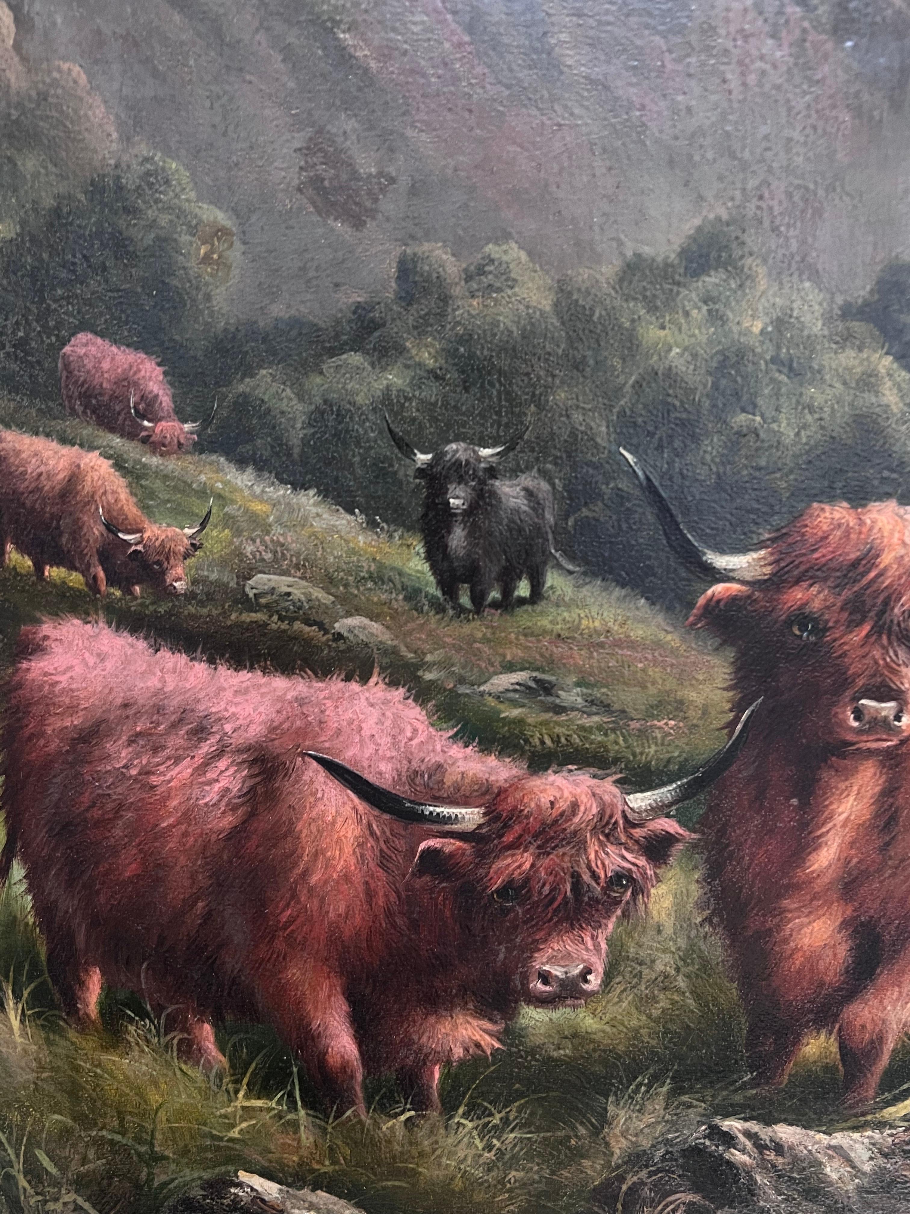 Pittura ad olio delle Highlands scozzesi di grandi dimensioni con bestiame nelle montagne nebbiose 1