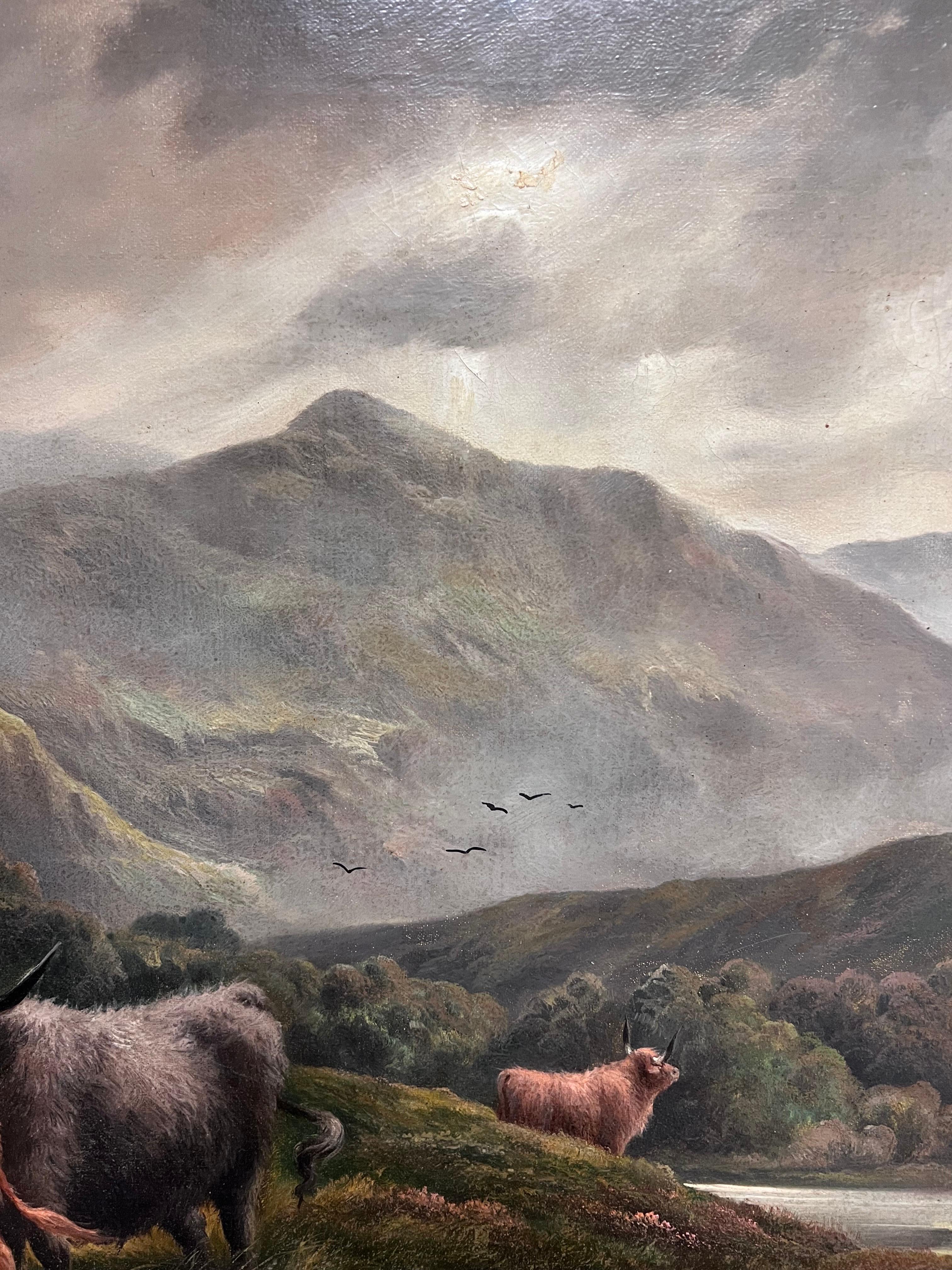 Pittura ad olio delle Highlands scozzesi di grandi dimensioni con bestiame nelle montagne nebbiose 2