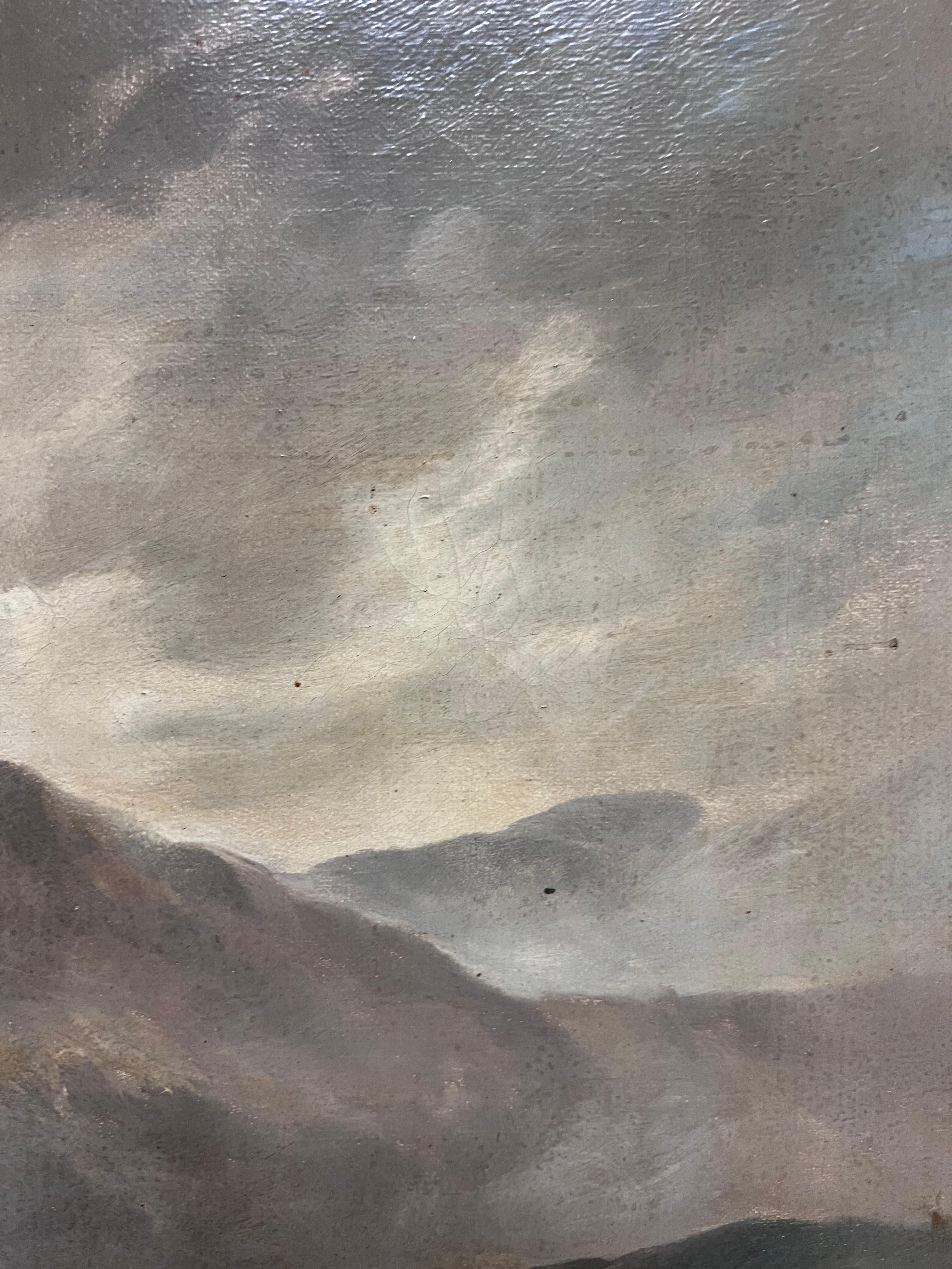 Pittura ad olio delle Highlands scozzesi di grandi dimensioni con bestiame nelle montagne nebbiose 4
