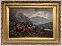 Very Large Victorian Scottish Highlands Oil Painting Cattle in Misty Mountains