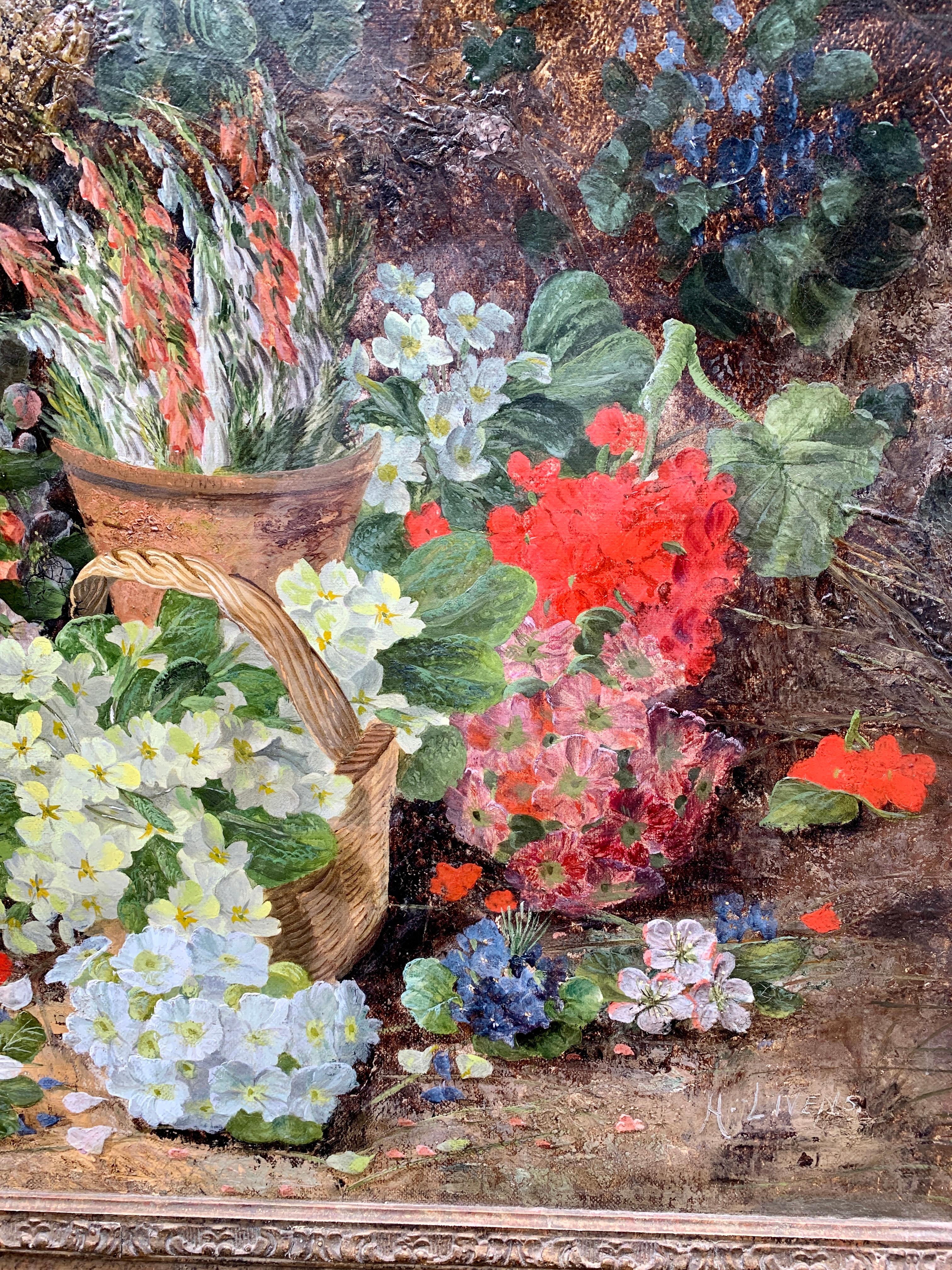 Victorian antique English still life of flowers, birds nest, eggs in a garden - Painting by Henry John Livens