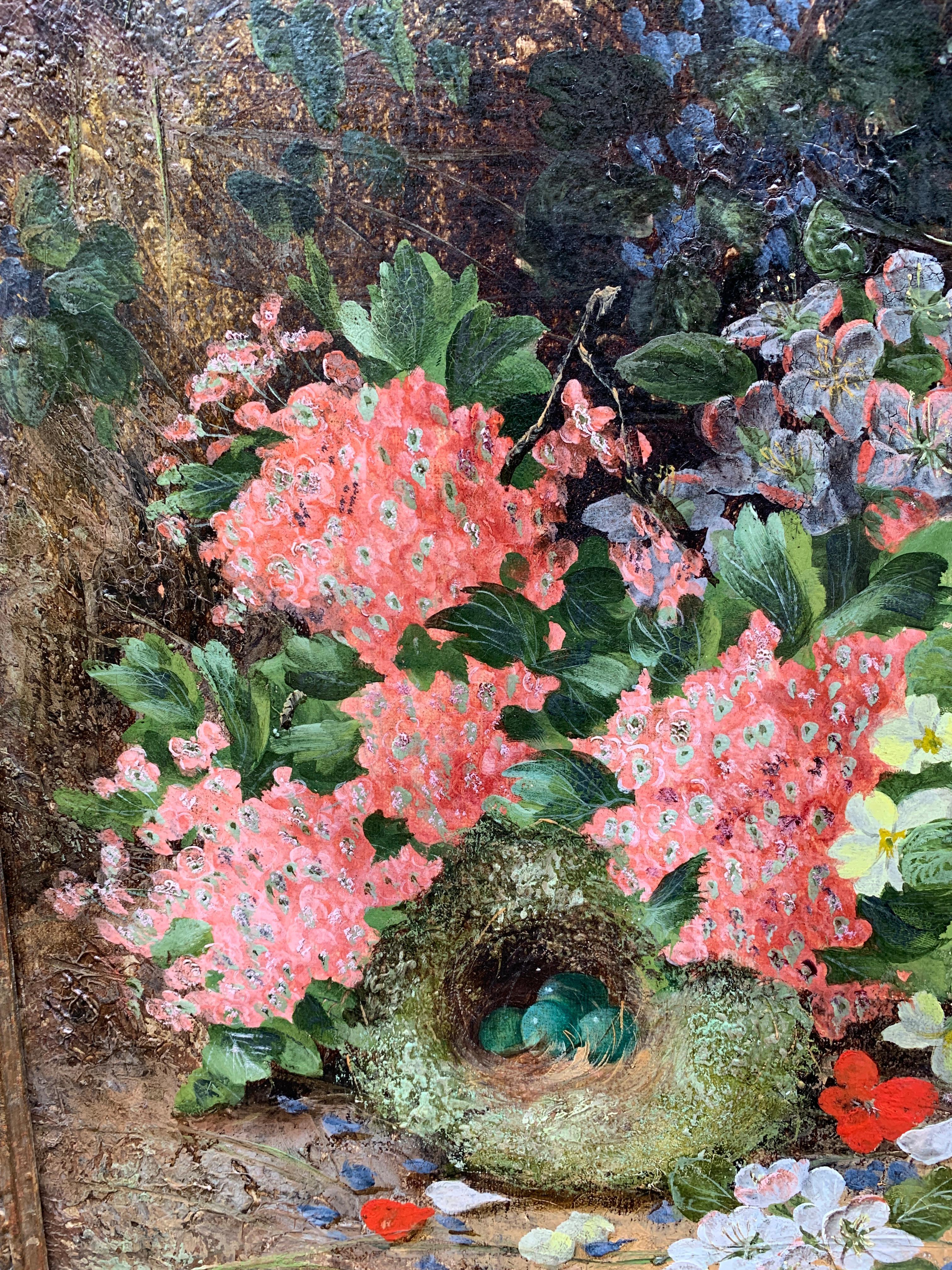 Nature morte victorienne antique anglaise de fleurs, nid d'oiseaux, œufs dans un jardin - Marron Still-Life Painting par Henry John Livens