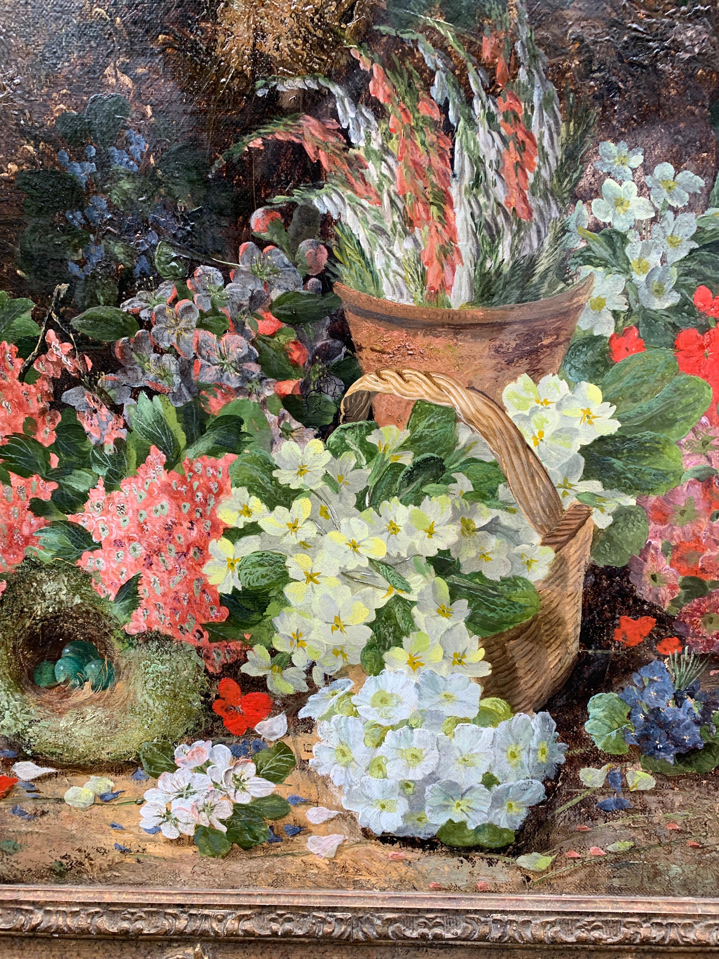 Victorian antique English still life of flowers, birds nest, eggs in a garden For Sale 1