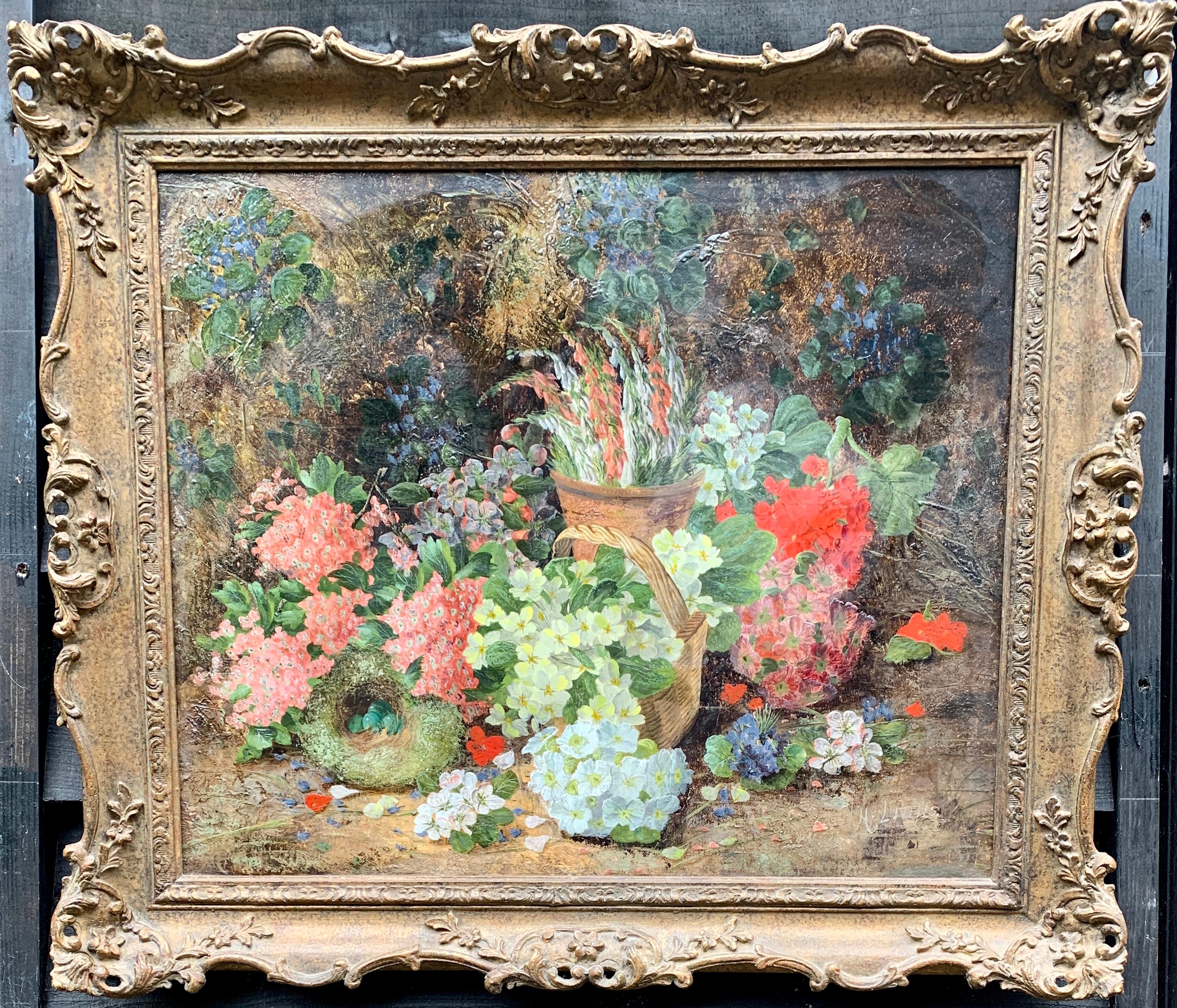 Henry John Livens Still-Life Painting - Victorian antique English still life of flowers, birds nest, eggs in a garden