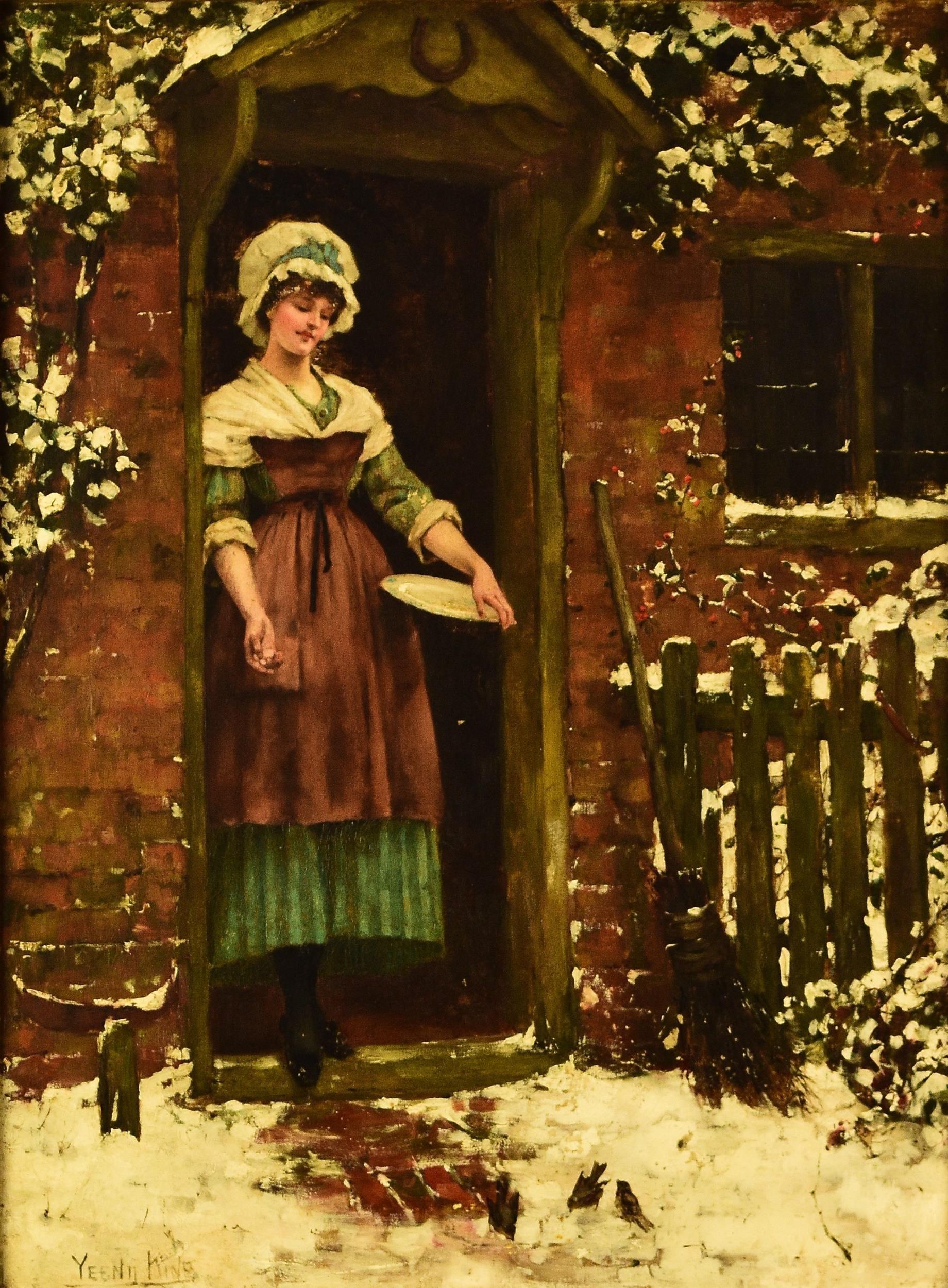 Henry John Yeend King (1855-1924) Signiertes Ölgemälde auf Leinwand, das eine Dame beim Füttern von Vögeln vor einer verschneiten Haustür zeigt 
Gerahmt misst es 73,5 x 58 cm (29