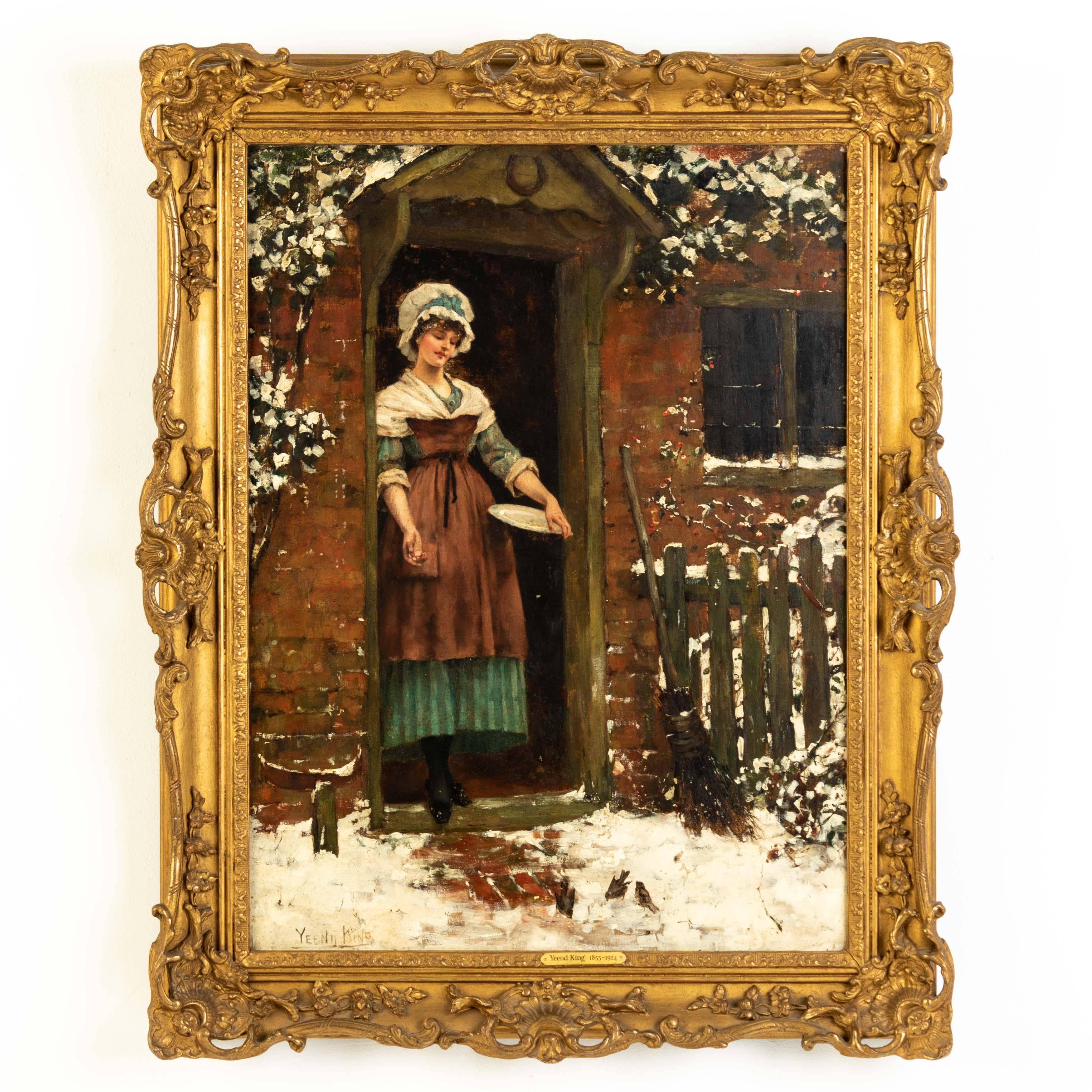 Henry John Yeend King (1855-1924) Signiertes Ölgemälde auf Leinwand, das eine Dame beim Füttern von Vögeln vor einer verschneiten Haustür zeigt 
Gerahmt misst es 73,5 x 58 cm (29
