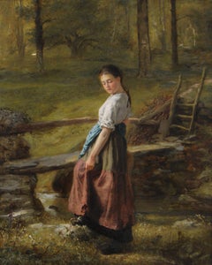 Dipinto a olio di genere del XIX secolo raffigurante una giovane donna vicino a un ruscello