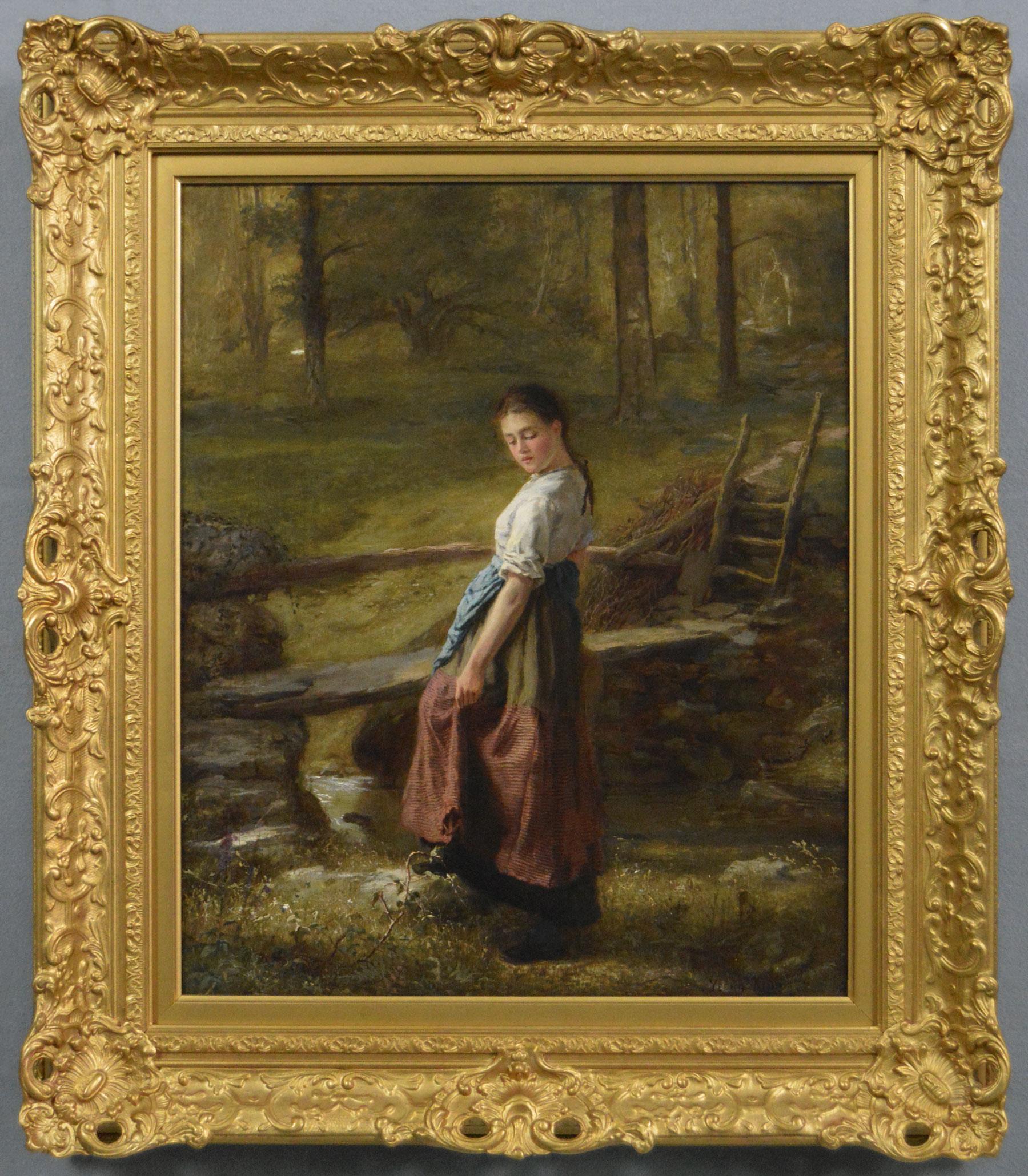 19th Century genre oil painting of a young woman next to a stream