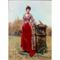 Un fino óleo victoriano sobre tabla titulado "Una dama junto a un reloj de sol en el parque"