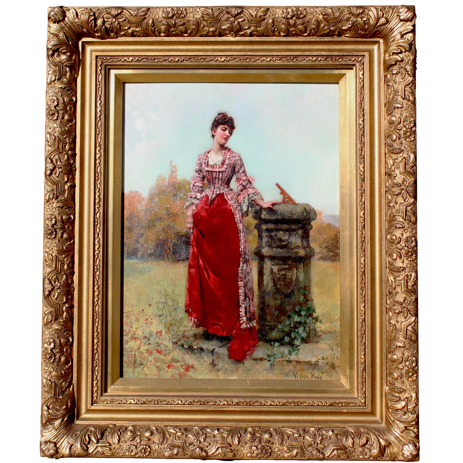 Landscape Painting di Henry John Yeend King - Un raffinato olio su tavola di epoca vittoriana intitolato "Una signora in piedi vicino a una meridiana nel parco".