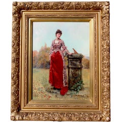 Un raffinato olio su tavola di epoca vittoriana intitolato "Una signora in piedi vicino a una meridiana nel parco".