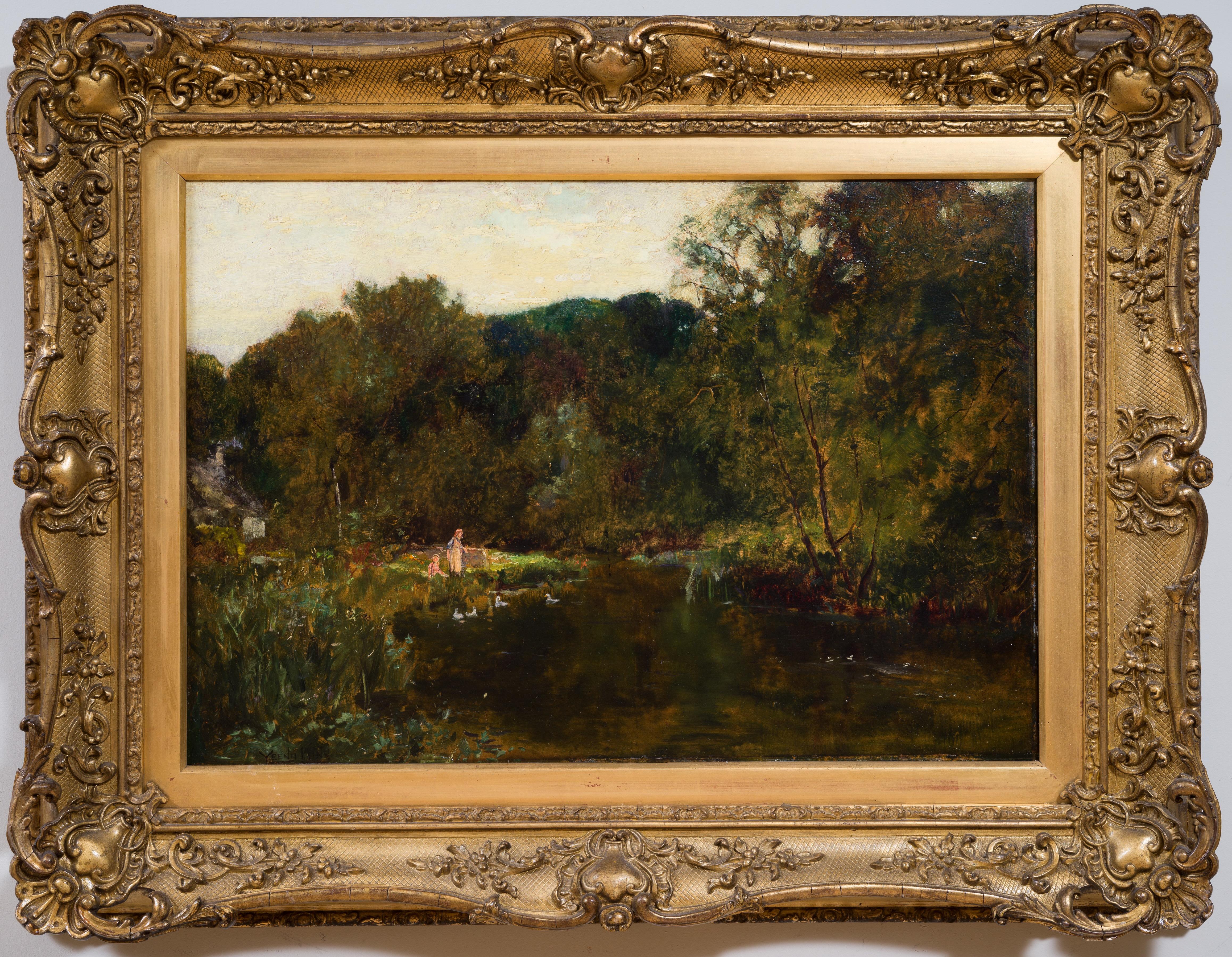Figurative Painting Henry John Yeend King - Enfants nourrissant des canards, Bibury, Gloucestershire, Cotswold.