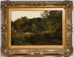 Henry John Yeend King - Children Feeding Ducks, Bibury, Gloucestershire, Cotswold. Antique Children Feeding Ducks, Bibury, Gloucestershire, Cotswold.