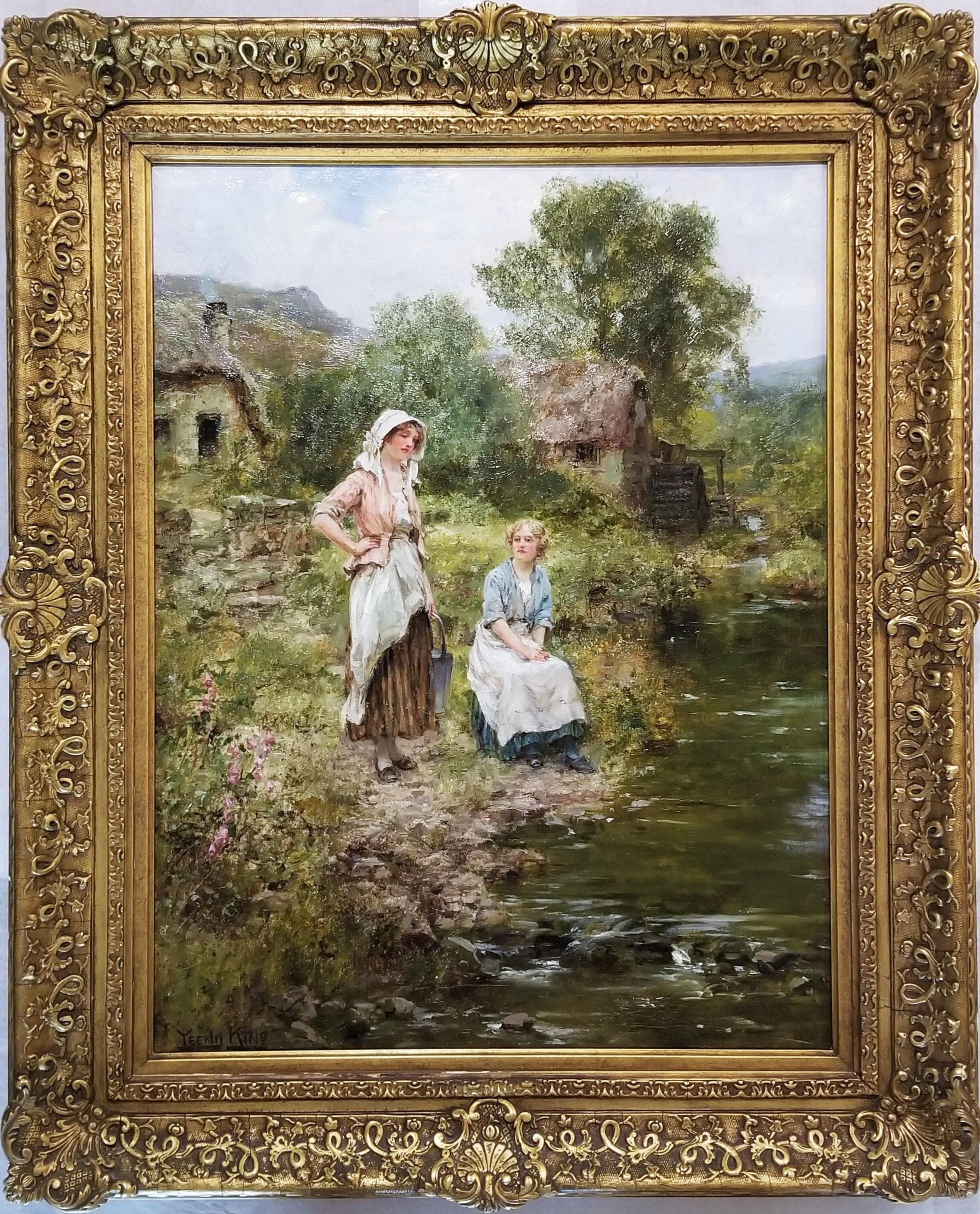 Fetching Water by the River /// British Impressionism Yeend King Oil Painting - Marron Figurative Painting par Henry John Yeend King