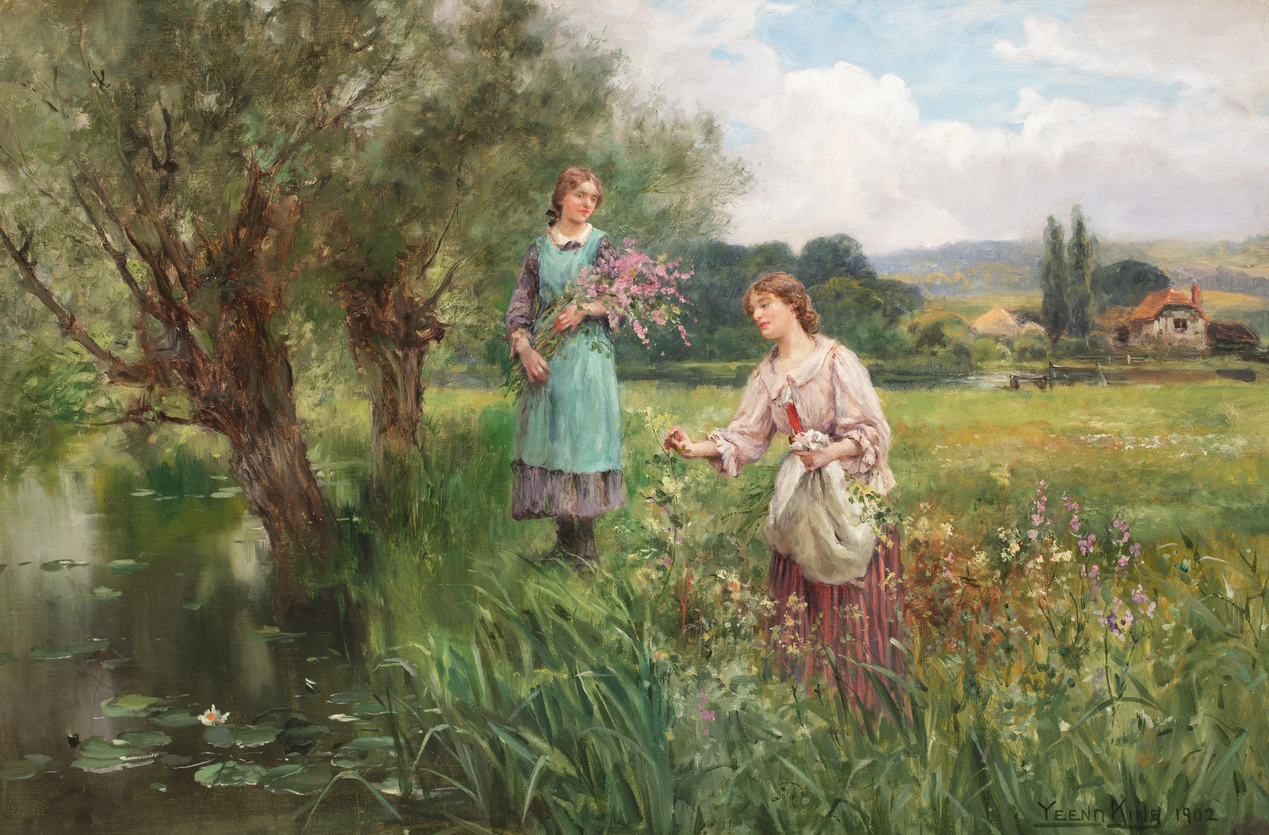 Raccogliere i fiori di primavera, XIX secolo  JOHN YEEND KING (1855-1924) - Landscape Painting Marrone di Henry John Yeend King