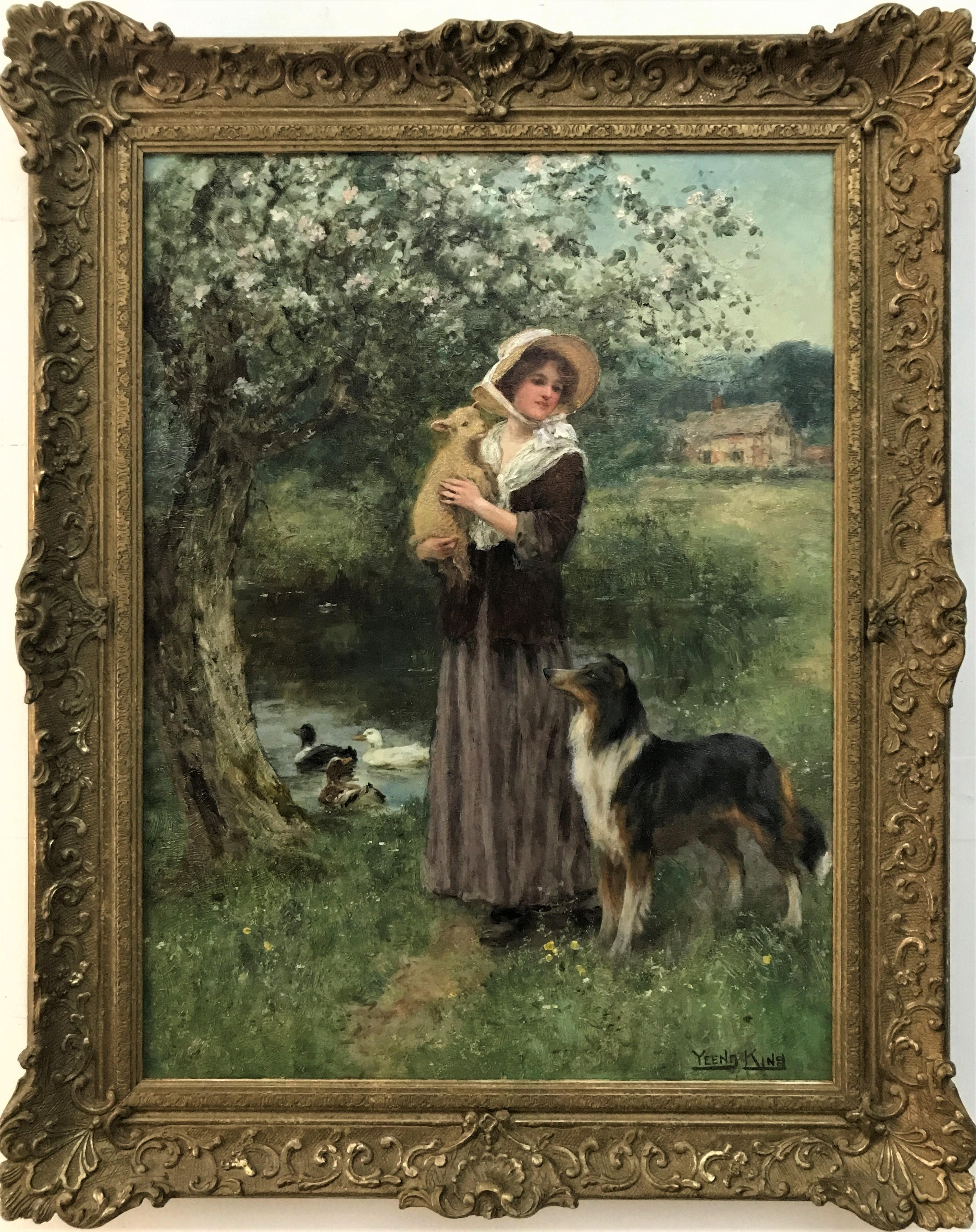 Young Girl holding a Lamb with a Border Collie, original oil on canvas, 19thC  - Painting by Henry John Yeend King