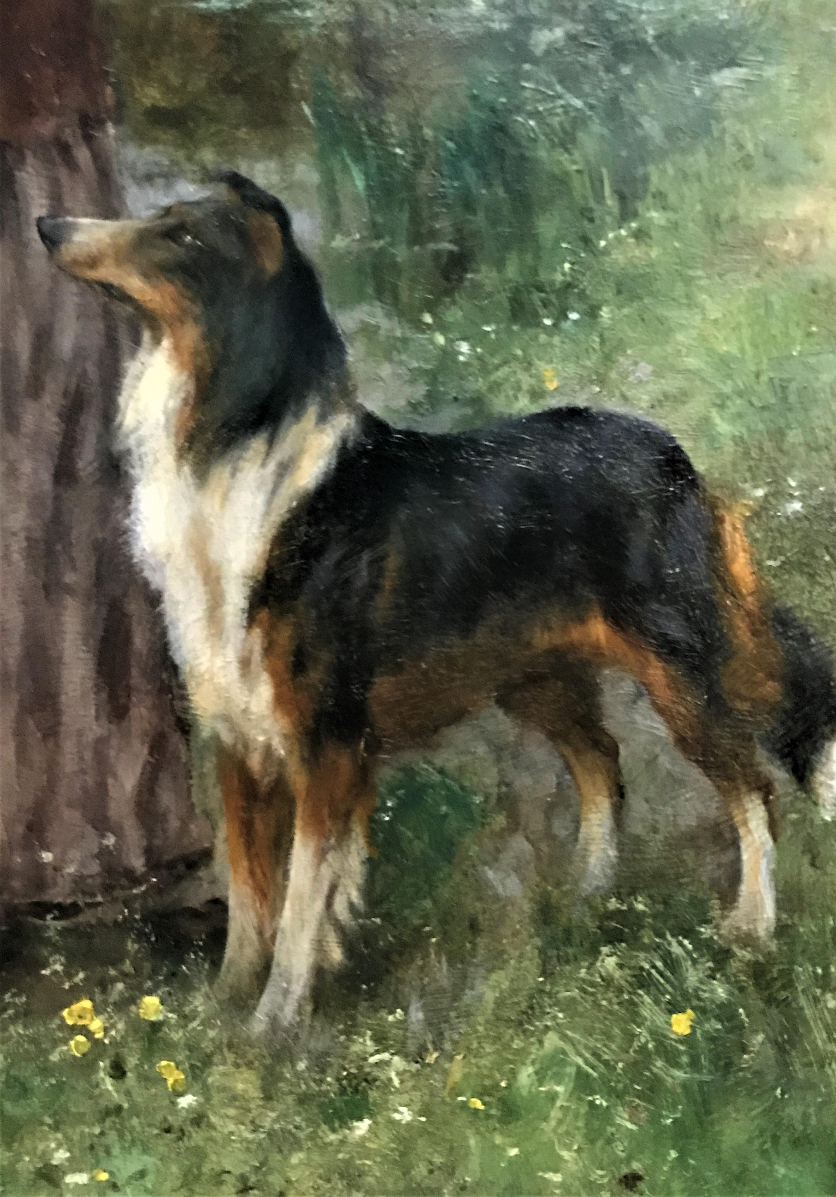 Young Girl holding a Lamb with a Border Collie, original oil on canvas, 19thC - Brown Landscape Painting by Henry John Yeend King