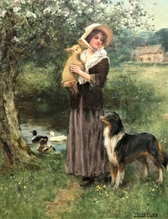 Young Girl holding a Lamb with a Border Collie, original oil on canvas, 19thC