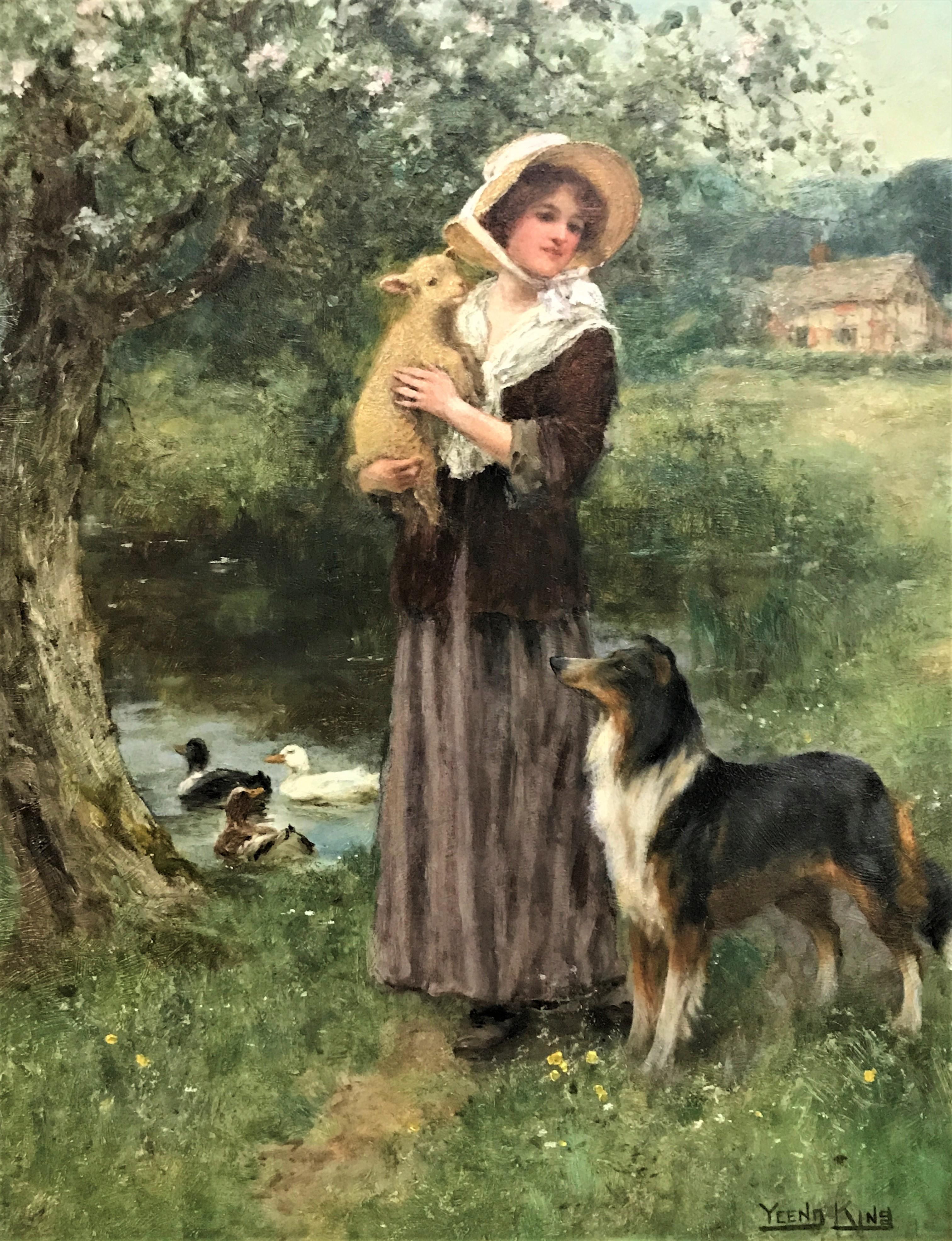 Henry John Yeend King Landscape Painting - Young Girl holding a Lamb with a Border Collie, original oil on canvas, 19thC