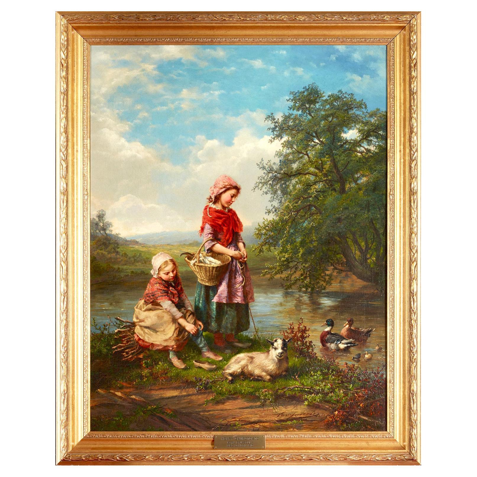 Henry Joseph Campotosto (Belgique, 1833-1910), toile à l'huile « Walking the Baby Goat » (la chèvre en promenade)