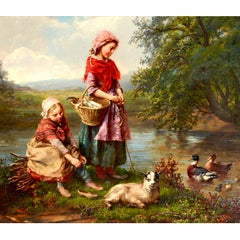 Feine und charmante Ölgemälde-Leinwand aus dem 19. Jahrhundert, „Kinder beim Baby laufend in der Ziege“