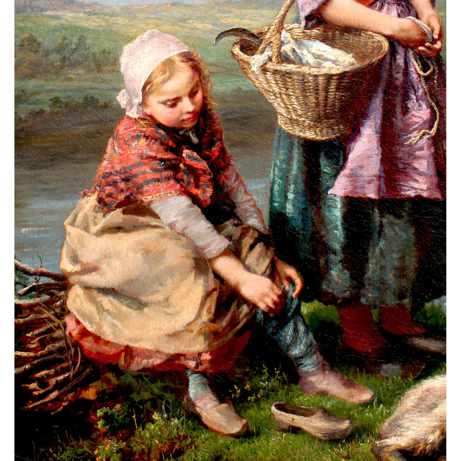 Henry Joseph Campotosto (Belgio, 1833-1910) Raffigurante due giovani ragazze olandesi sulla riva erbosa di un fiume, una in piedi che tiene un cesto di vimini e un guinzaglio a una capretta che riposa, la più giovane seduta accanto a lei su un
