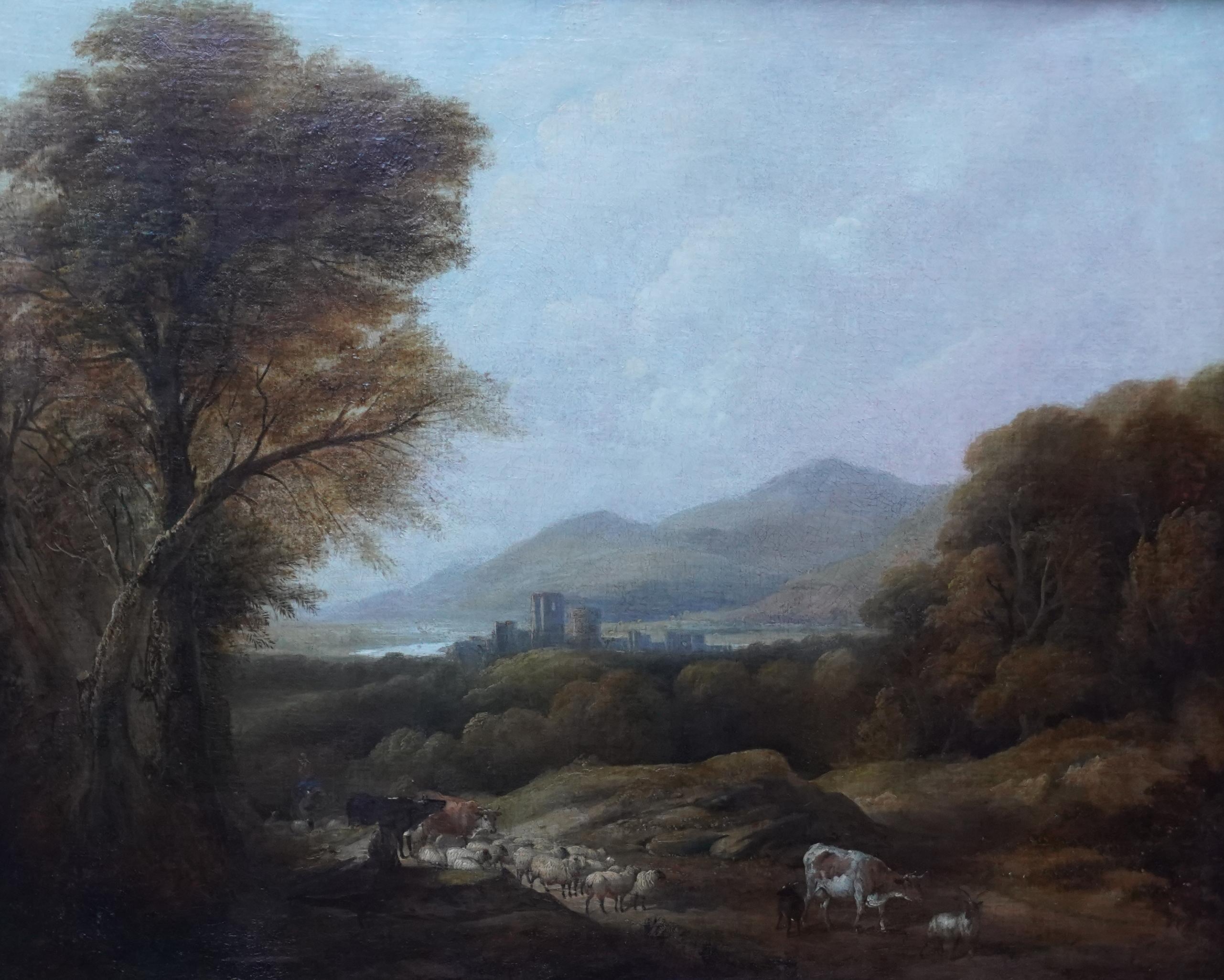 Cattle and Drover in a Landscape - British Victorian art landscape oil painting - Painting by Henry Jutsum 