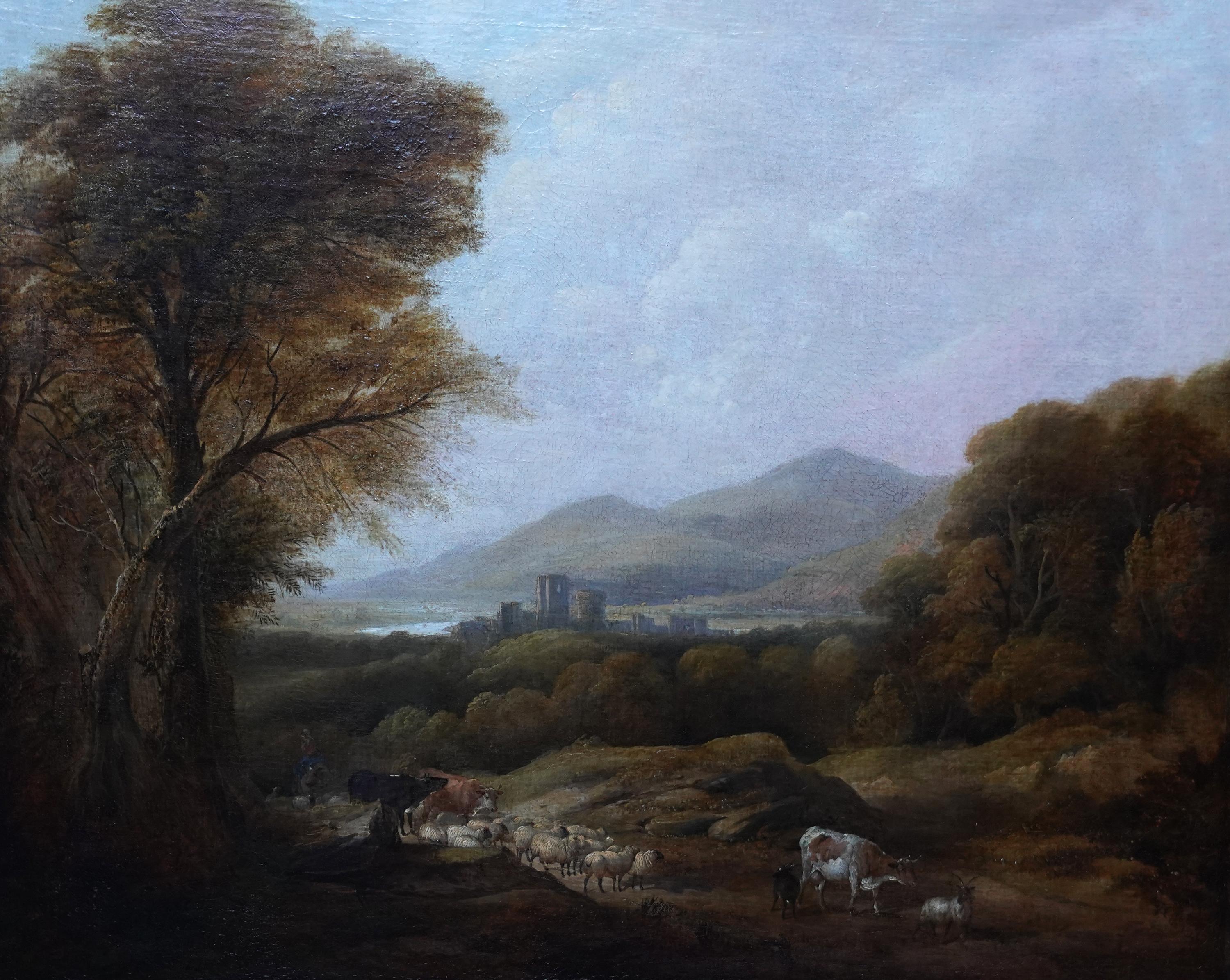Cattle and Drover in a Landscape - British Victorian art landscape oil painting - Old Masters Painting by Henry Jutsum 