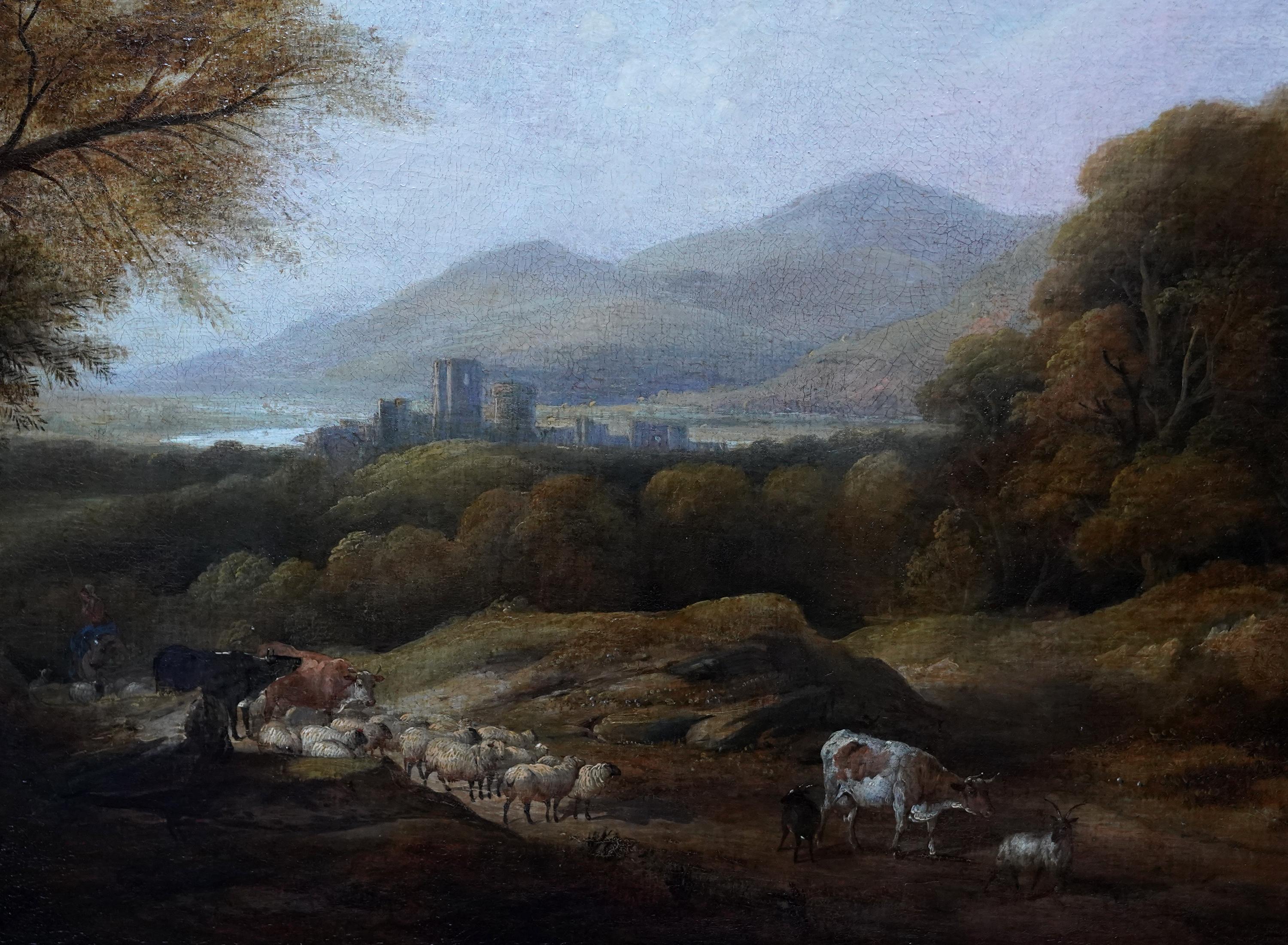 Dieses prächtige Gemälde in Öl auf Leinwand aus der viktorianischen Zeit stammt vom britischen Künstler Henry Jutsum. Das um 1850 entstandene Gemälde zeigt einen Viehtreiber auf dem Rücken eines Pferdes, der hinter Rindern und Schafen herzieht.
