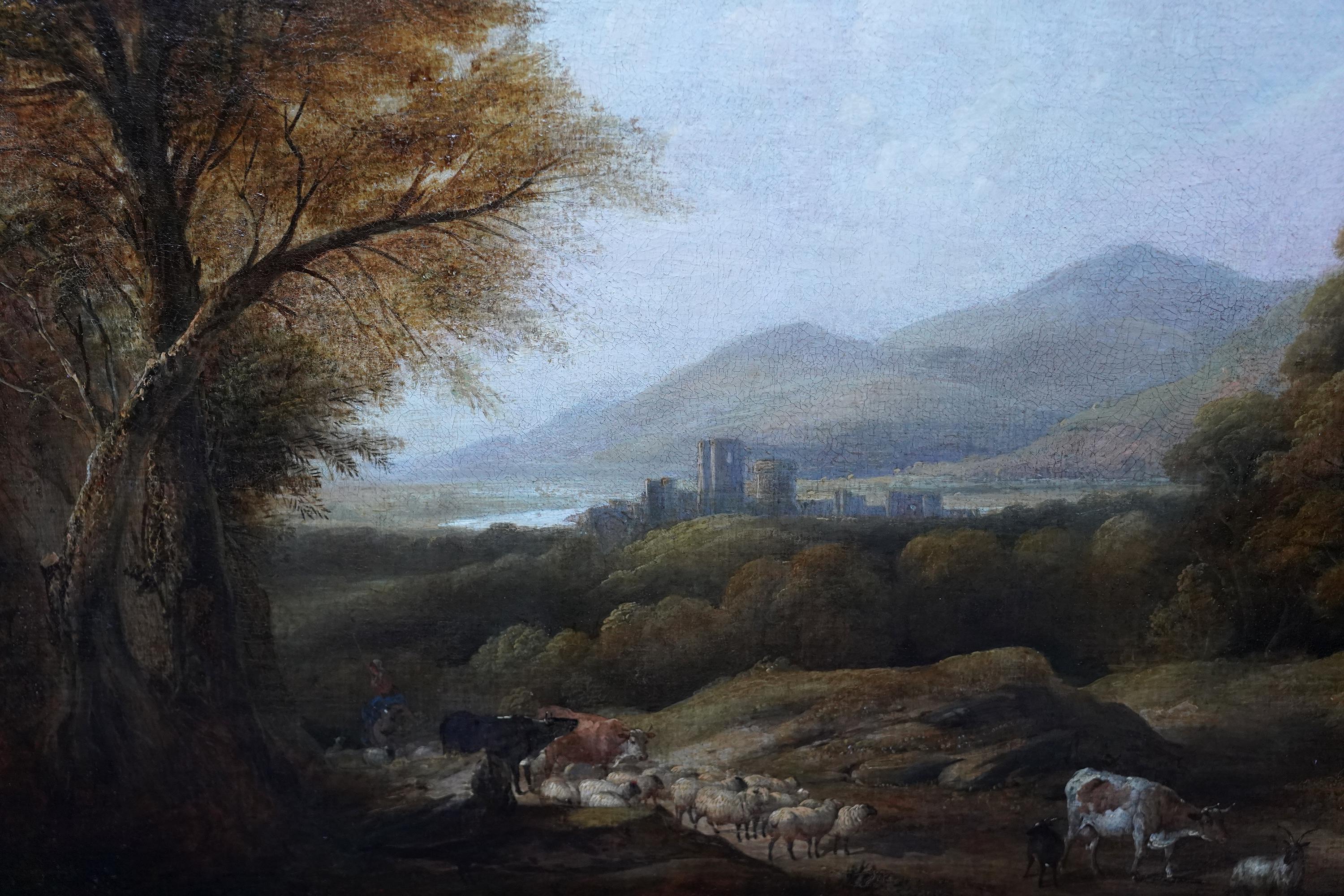 Ganado y pastor en un paisaje - Pintura al óleo de paisajes del arte victoriano británico en venta 1