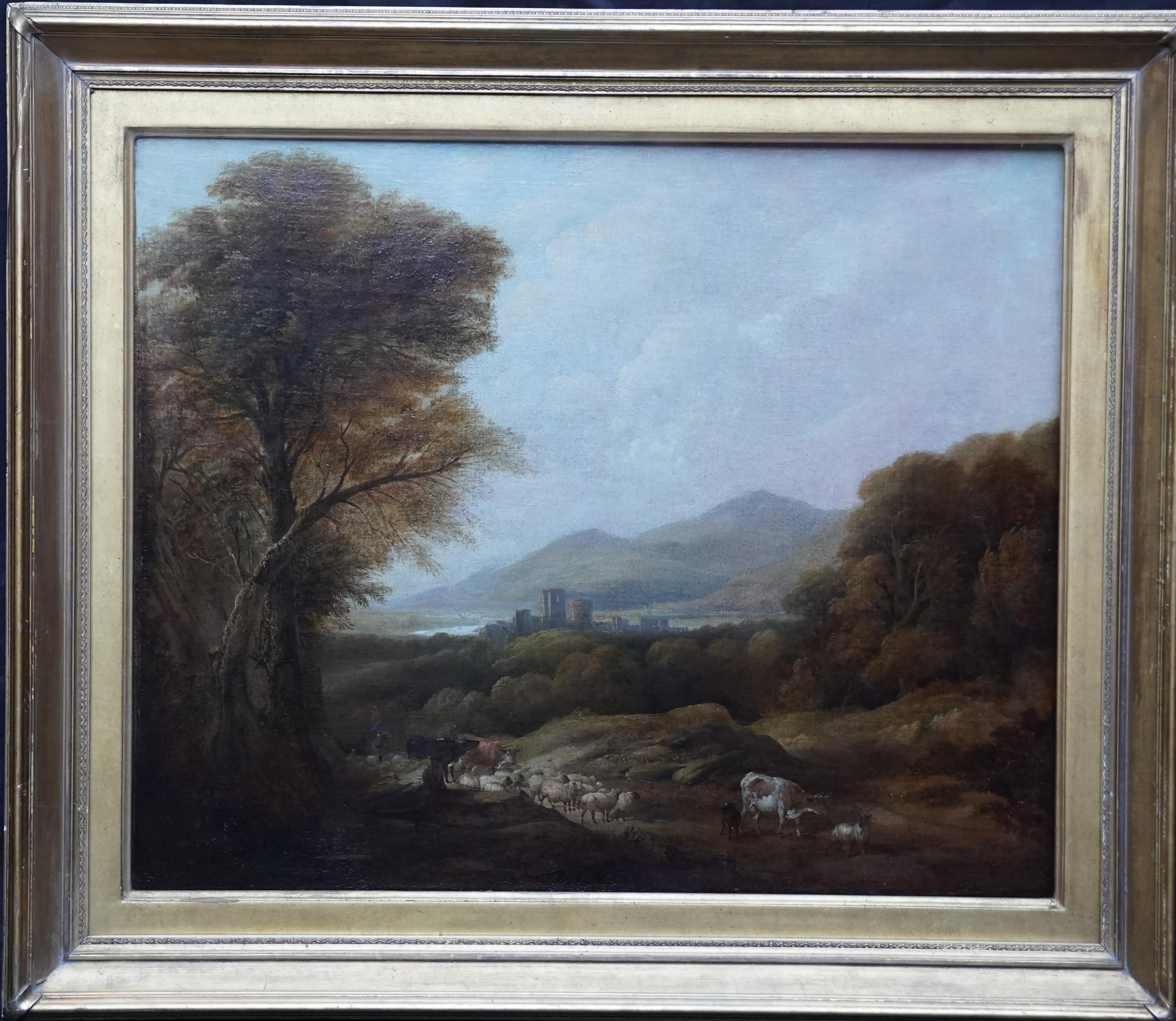 Ganado y pastor en un paisaje - Pintura al óleo de paisajes del arte victoriano británico