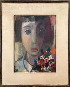 "Abstract Portrait with Flowers" 20th Century American Modern Oil Painting Board