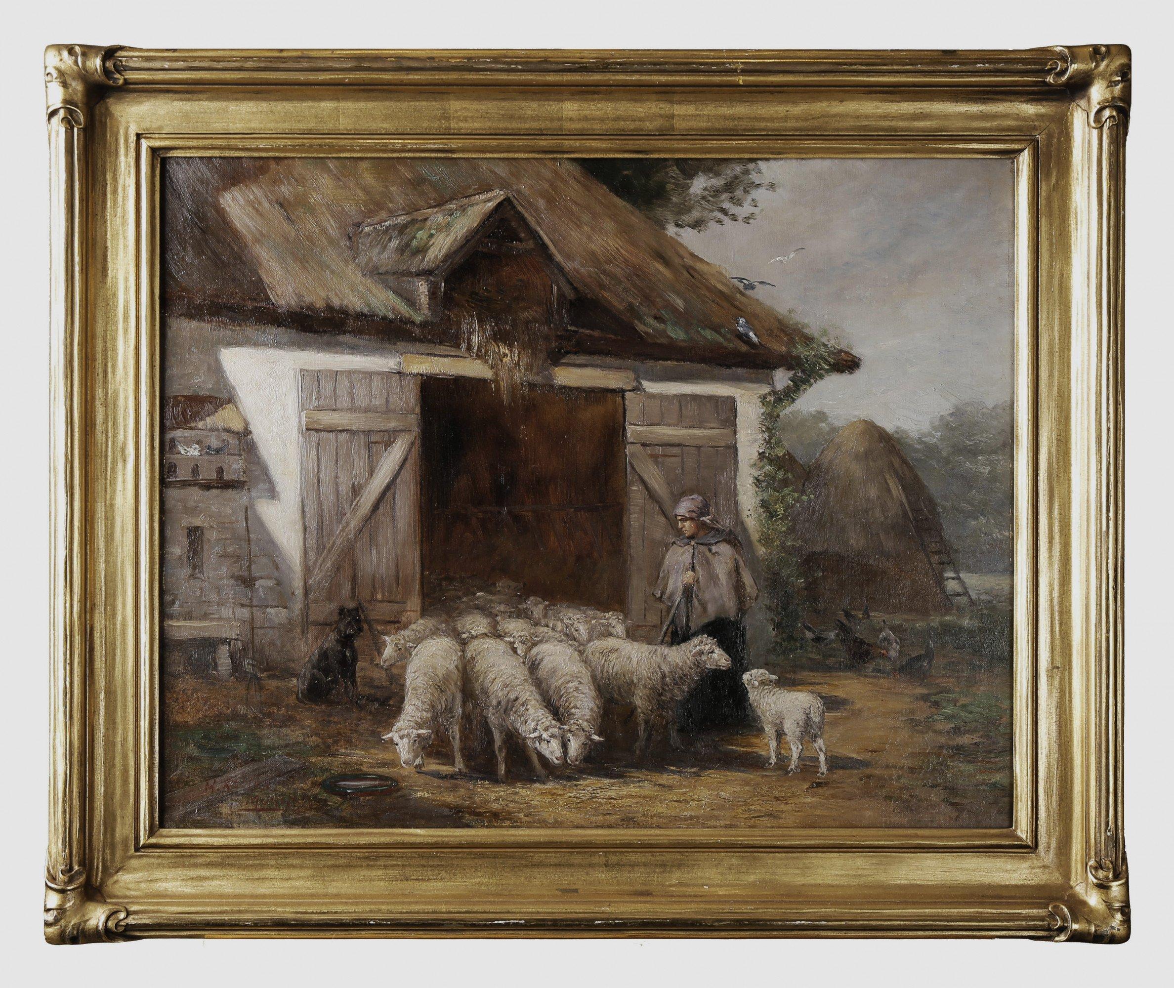 Paisaje del siglo XIX de pastora con oveja y perro, Munich, Escuela de Cleveland - Painting de Henry Keller