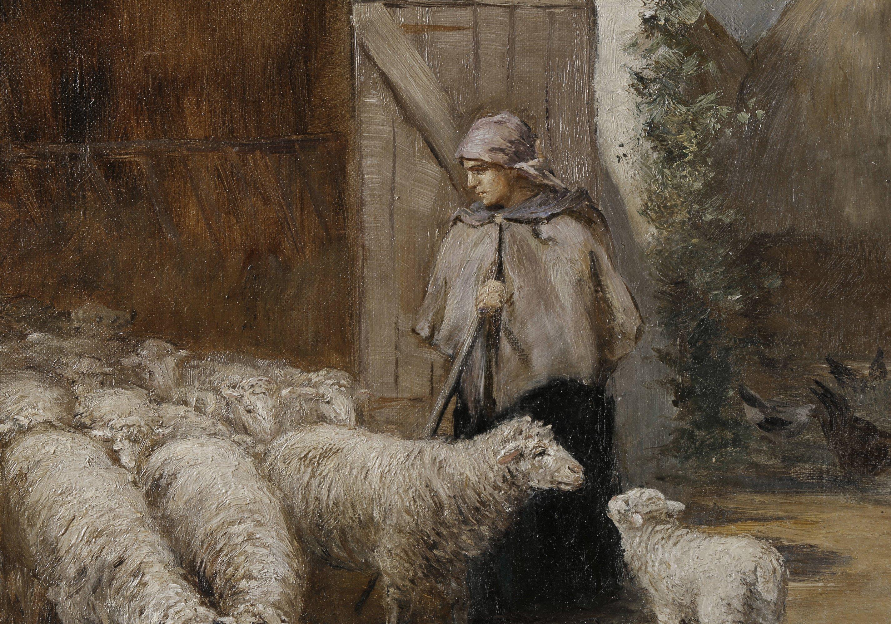 Paisaje del siglo XIX de pastora con oveja y perro, Munich, Escuela de Cleveland - Painting moderno estadounidense de Henry Keller
