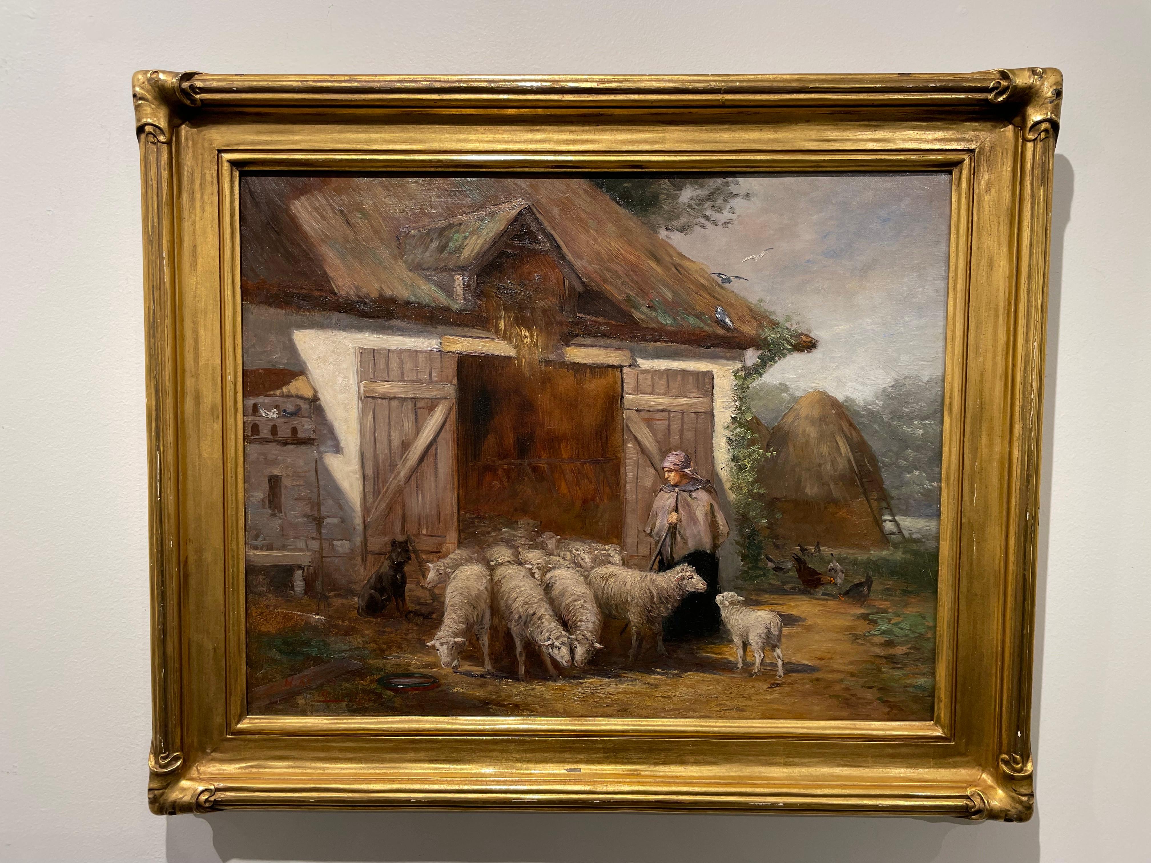 19th Century Landscape of Shepherdess w/ Sheep & Dog, Munich, Cleveland School - Black Figurative Painting by Henry Keller