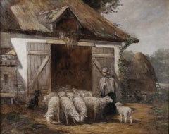 19th Century Landscape of Shepherdess w/ Sheep & Dog, Munich, Cleveland School