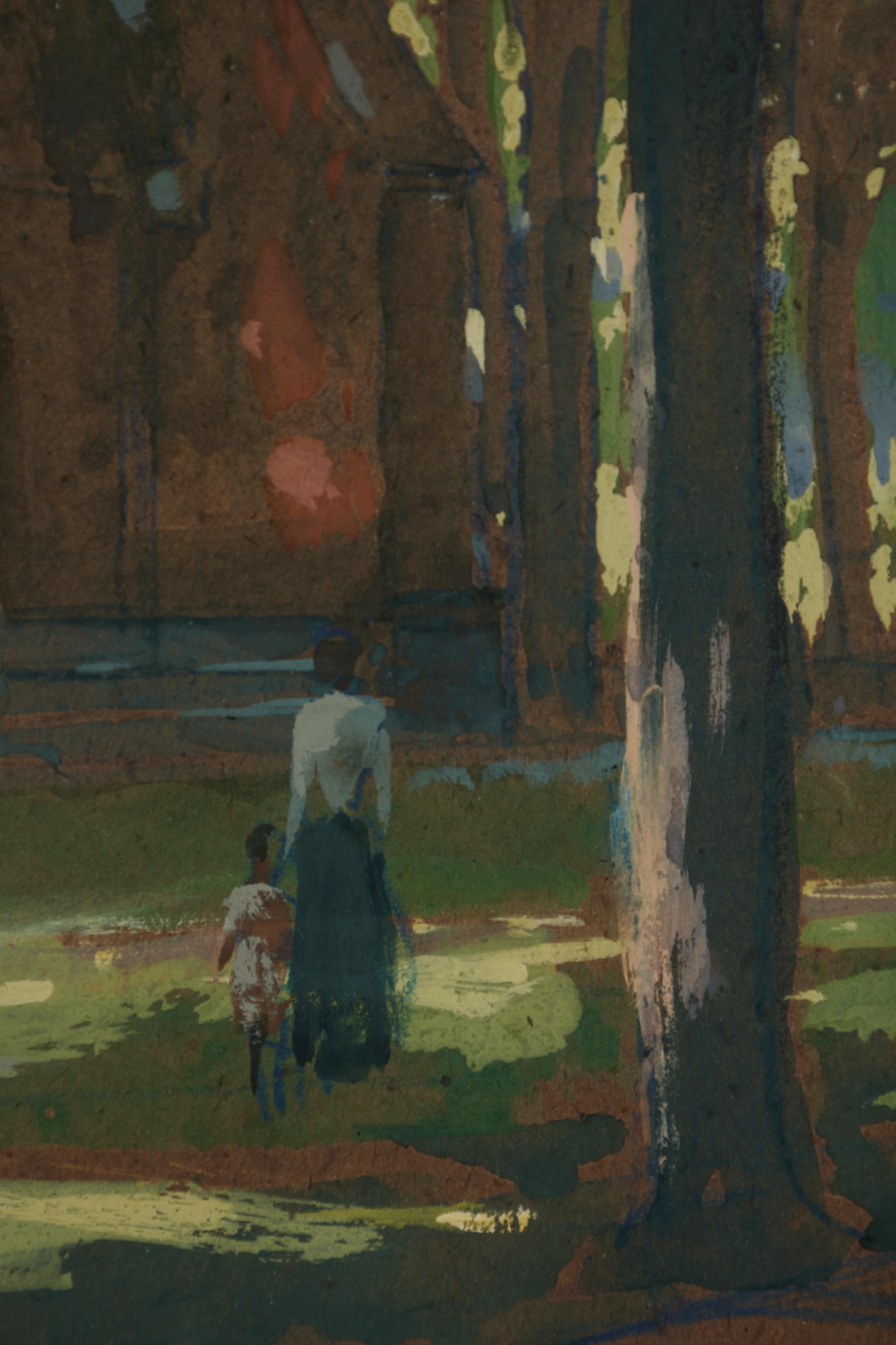 Signore nel cortile di una chiesa in un pomeriggio ombroso, Scuola di Cleveland dei primi del Novecento - Figurative Painting Marrone di Henry Keller