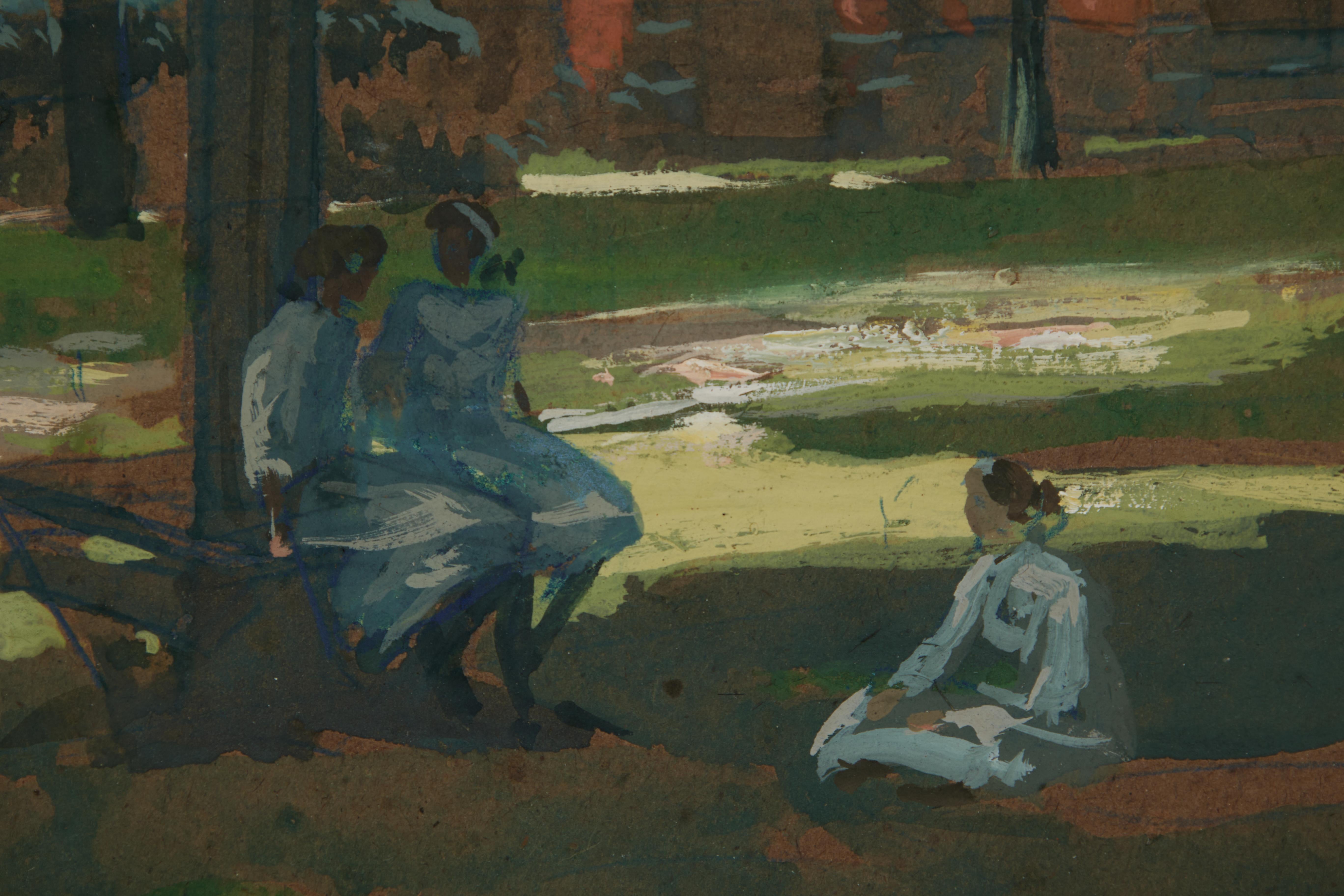 Henry George Keller (americano, 1869-1949)
Signore nel cortile di una chiesa
Acquerello e gouache su carta
Firmato in basso a sinistra con il monogramma
15 x 20 pollici
25,5 x 20,25 pollici, incorniciato

Keller, un importante pittore di Cleveland,