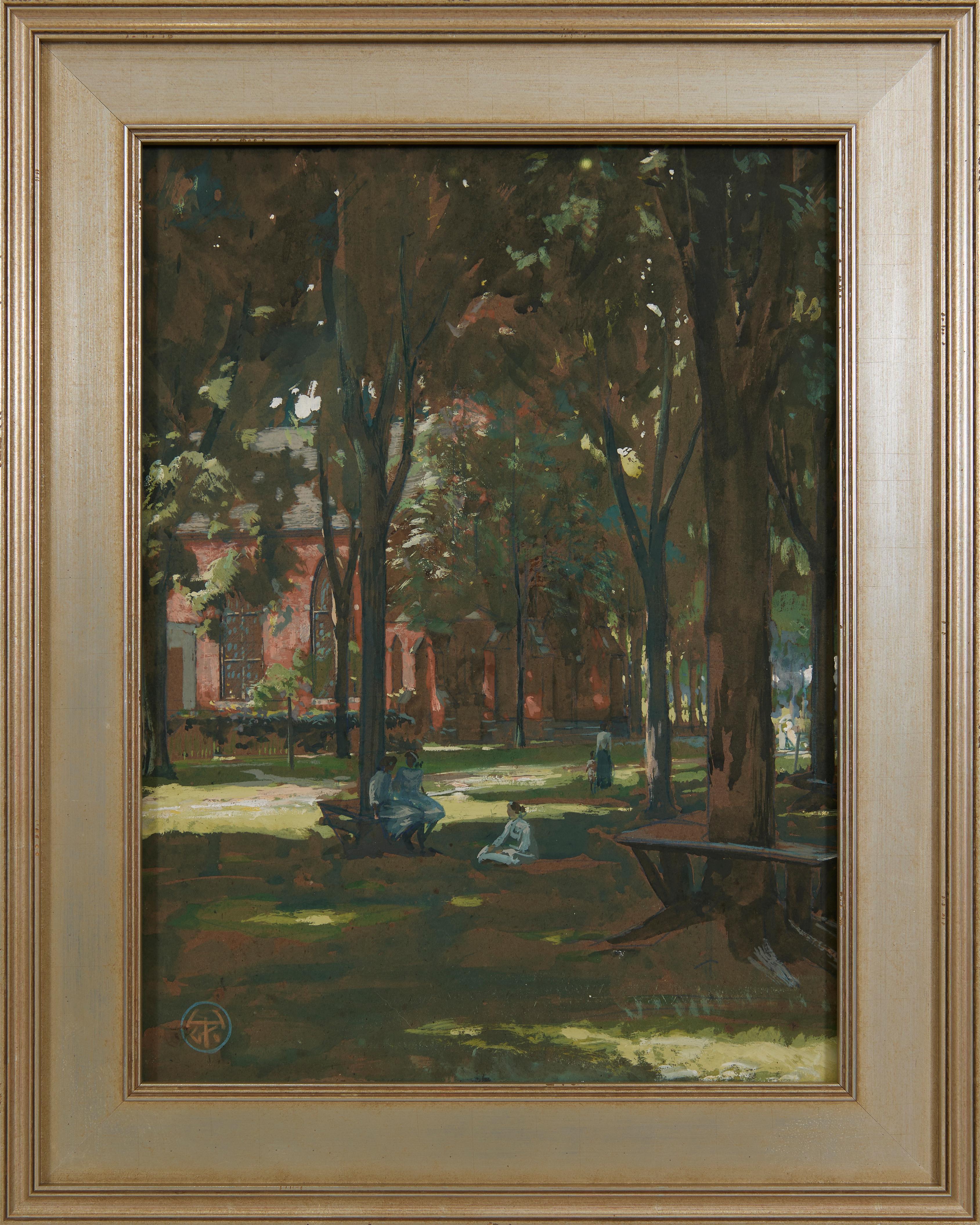 Figurative Painting di Henry Keller - Signore nel cortile di una chiesa in un pomeriggio ombroso, Scuola di Cleveland dei primi del Novecento